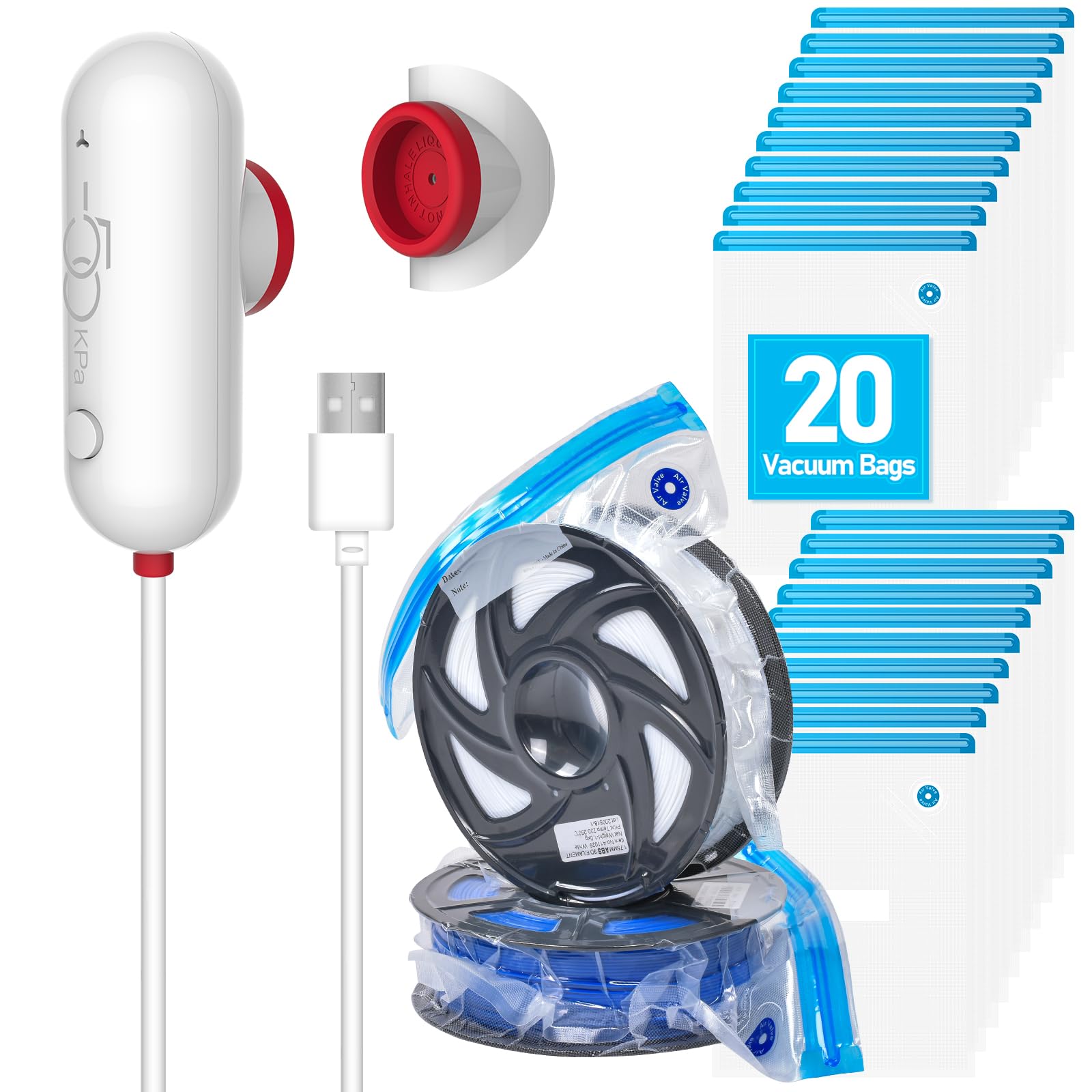 Vacbird 3D Printer Accessories Upgrade Vacuum Kit - 20pcs Reusable 3D Filament Vacuum Bags with USB Pump (30x34cm) for Moisture Protection & Filament Storage | Perfect for 3D Printing Enthusiasts & Filament Preservation