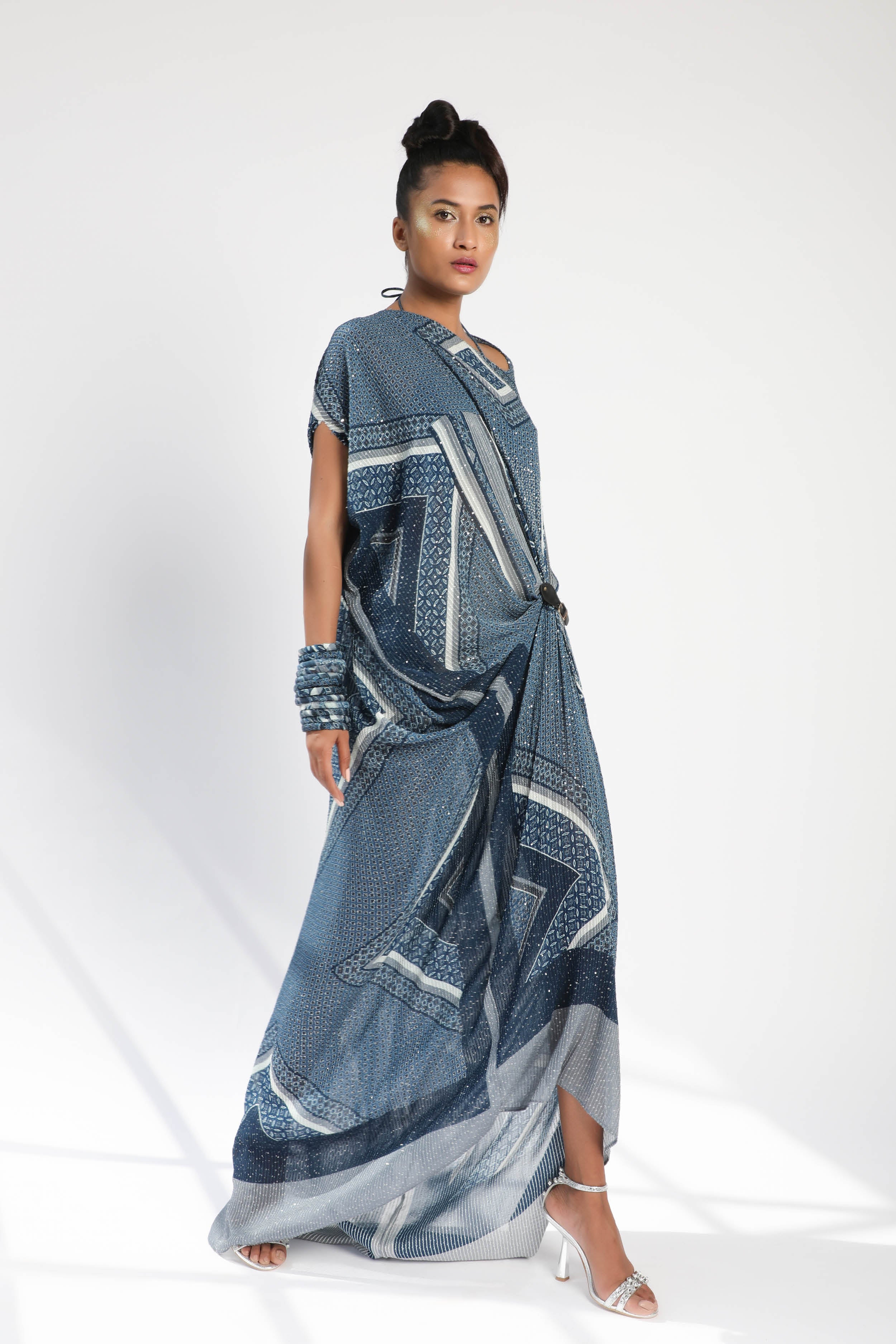 Indigo Blue Georgette Kaftan with Tile Print - Perfect for Beach Cover-Up, Summer Dresses & Boho Fashion