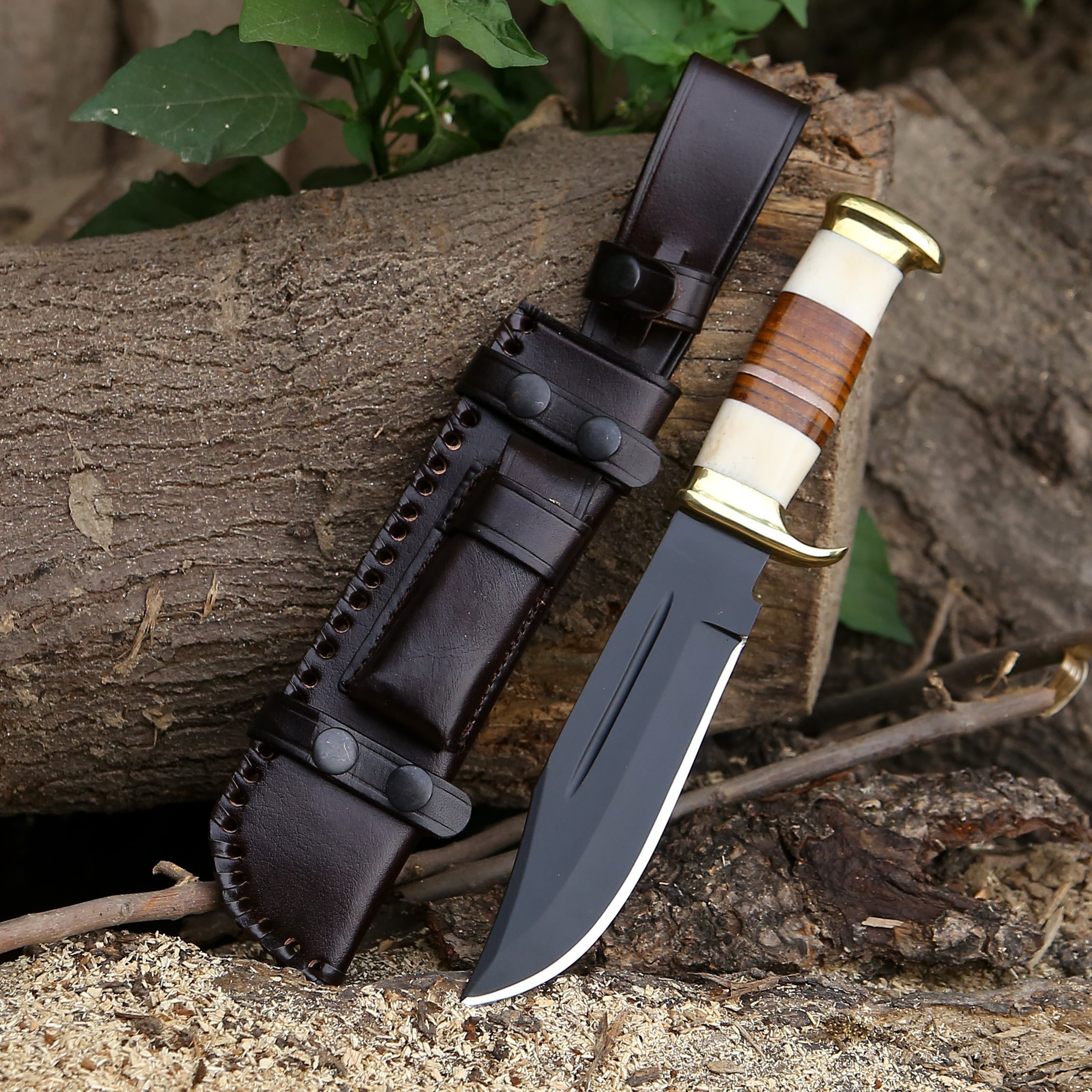 Premium Vindicator Custom Bowie Knife - Genuine Bone & Stacked Leather Handle - Hunting, Camping, Survival & Outdoor Activities