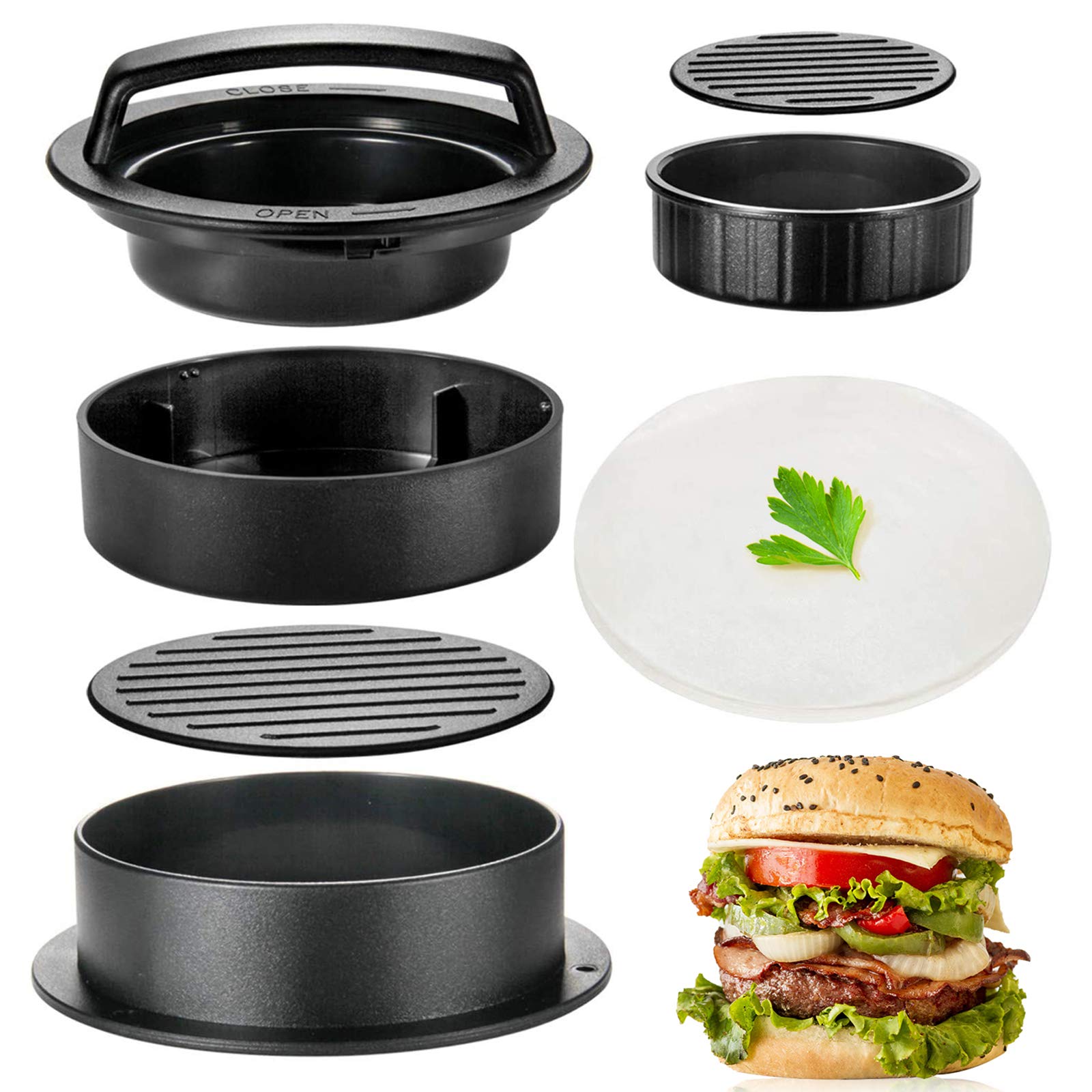 3-in-1 Non-Stick Hamburger Patty Press Maker with 100 Wax Papers - Perfect Burger Shaper for Grilling, BBQ, and Home Cooking - Ideal for Backyard Parties, Camping, and Family Gatherings