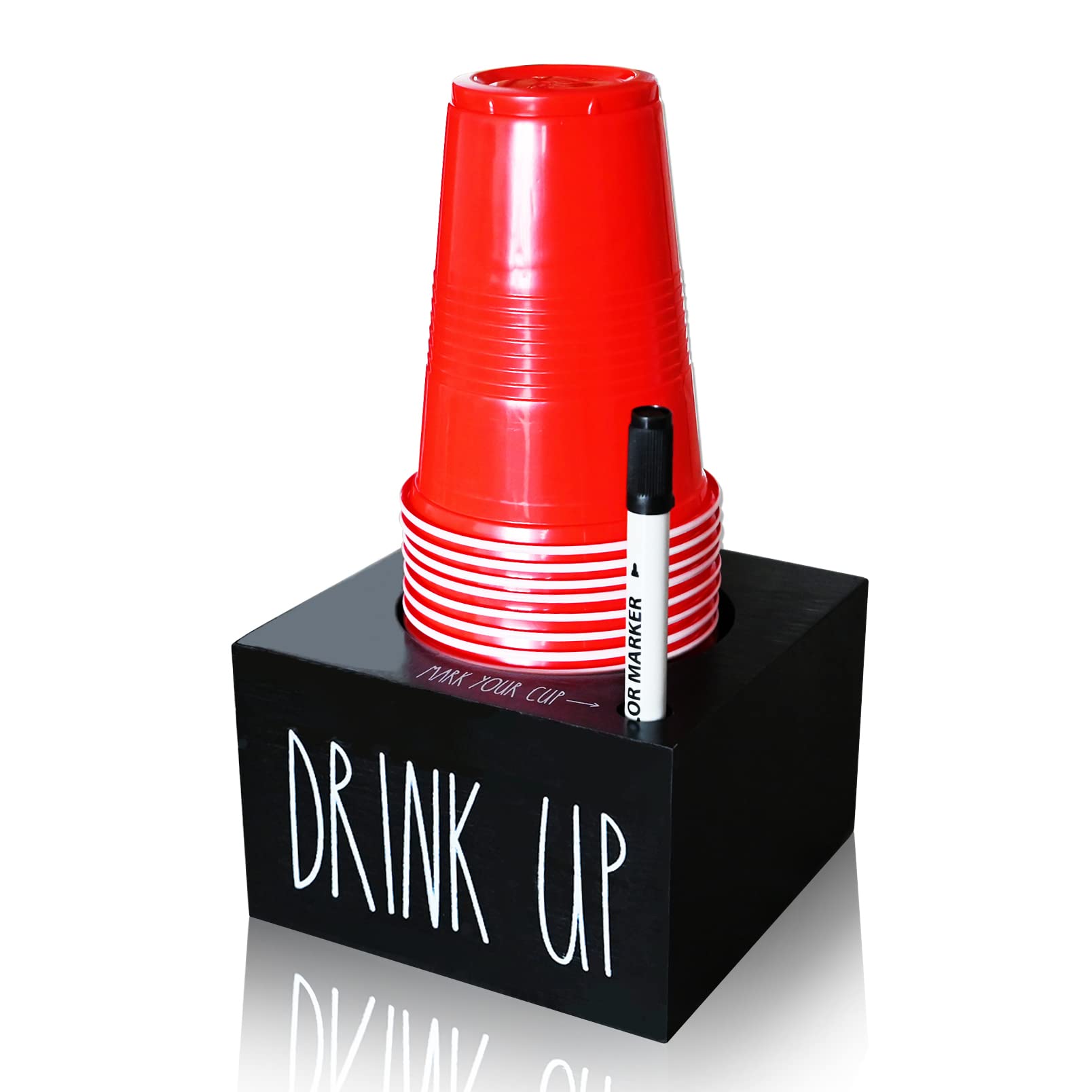 Solo Cup Holder with Marker Slot - Disposable Cups Organizer & Dispenser for Parties, Weddings, Housewarming - Rustic Farmhouse Plastic Cups Caddy - Perfect for Outdoor BBQs, Picnics, and Events