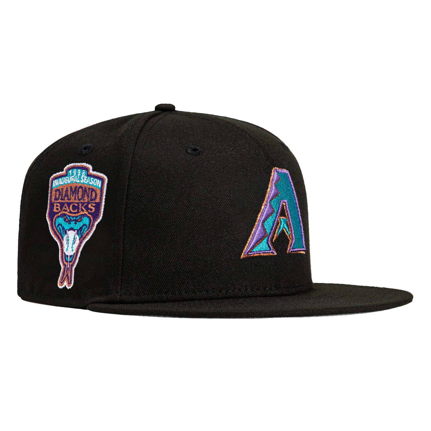 New Era 59Fifty Arizona Diamondbacks MLB Baseball Cap with Inaugural Patch - Black, Teal & Metallic Copper | Official Licensed Hat for Fans, Games & Casual Wear