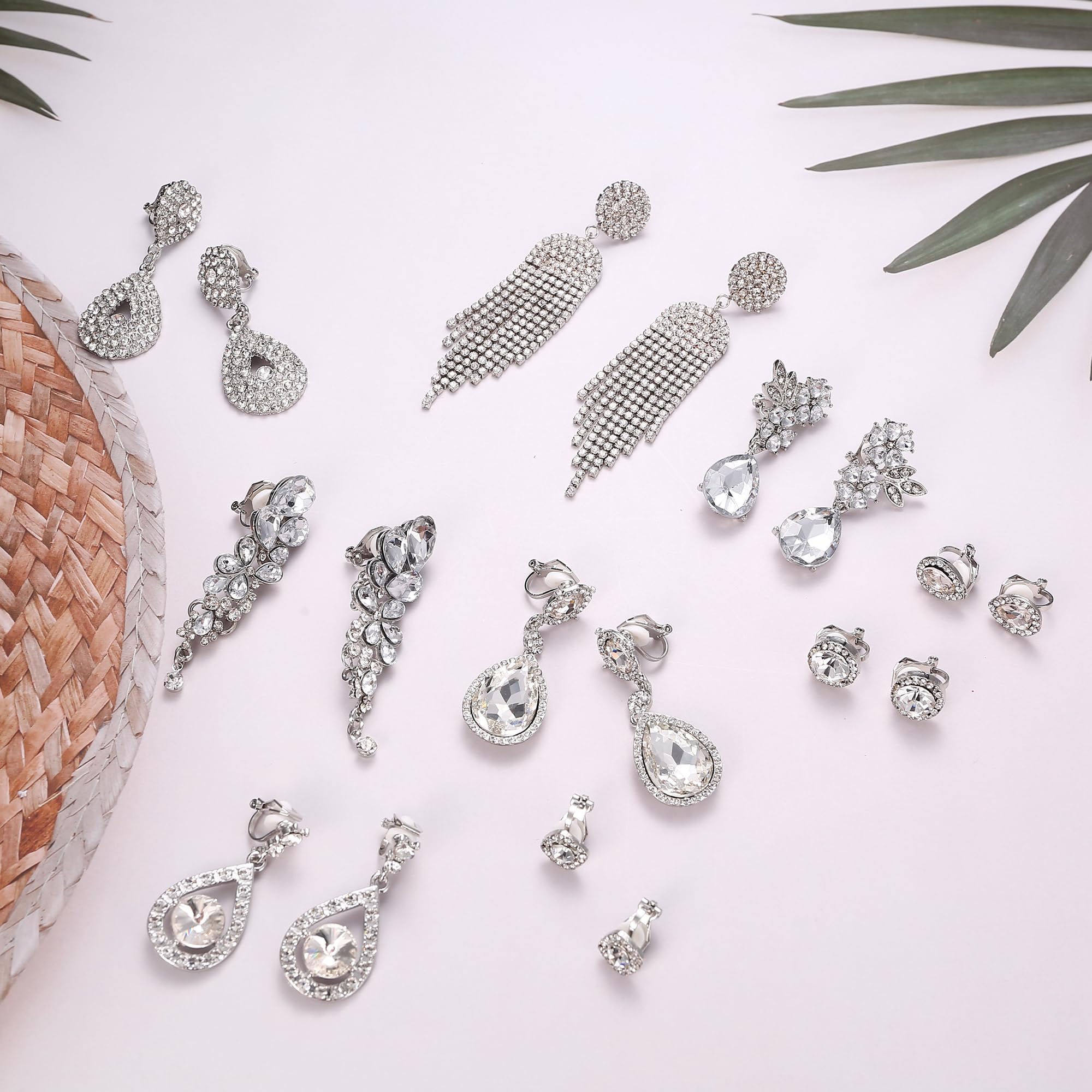 9 Pairs Clip On Earrings for Women - Wedding Bridal Chandelier Teardrop Dangle Earrings Set with Rhinestones - Non-Pierced Jewelry for Brides, Bridesmaids - Perfect for Weddings, Parties, and Special Occasions