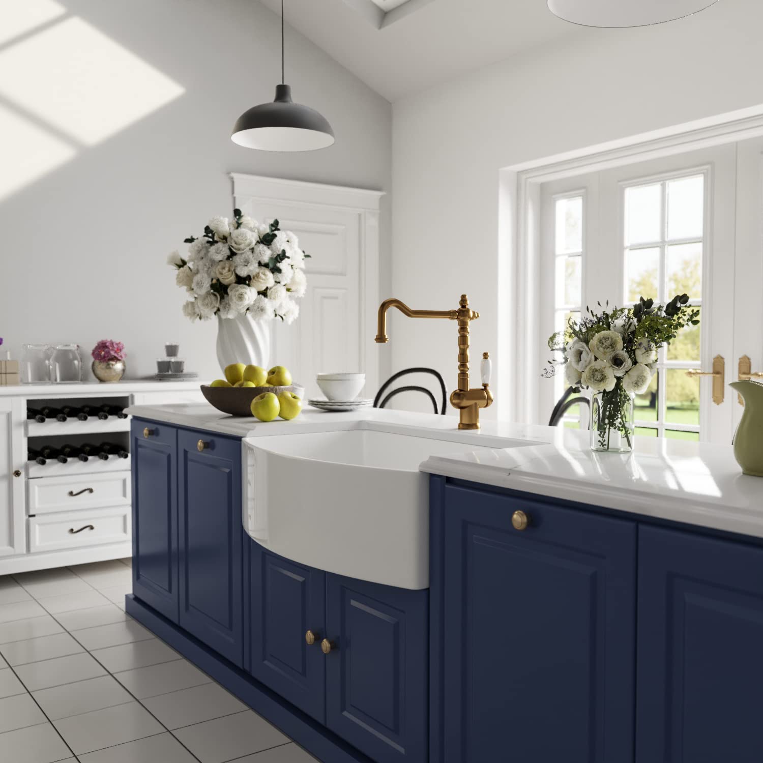 DeerValley 33'' White Farmhouse Apron Kitchen Sink - Fireclay Single Bowl with Arch Edge, Bottom Grid & Strainer | Perfect for Rustic & Modern Farmhouse Kitchens (Model DV-1K516)