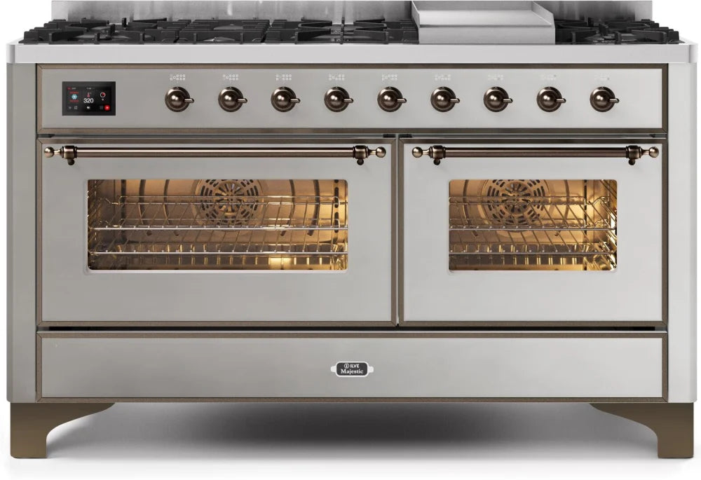 ILVE Majestic II 60-Inch Dual Fuel Range - Stainless Steel with Bronze Trim (Model UM15FDNS3SSB) - Perfect for Gourmet Kitchens & Professional Chefs