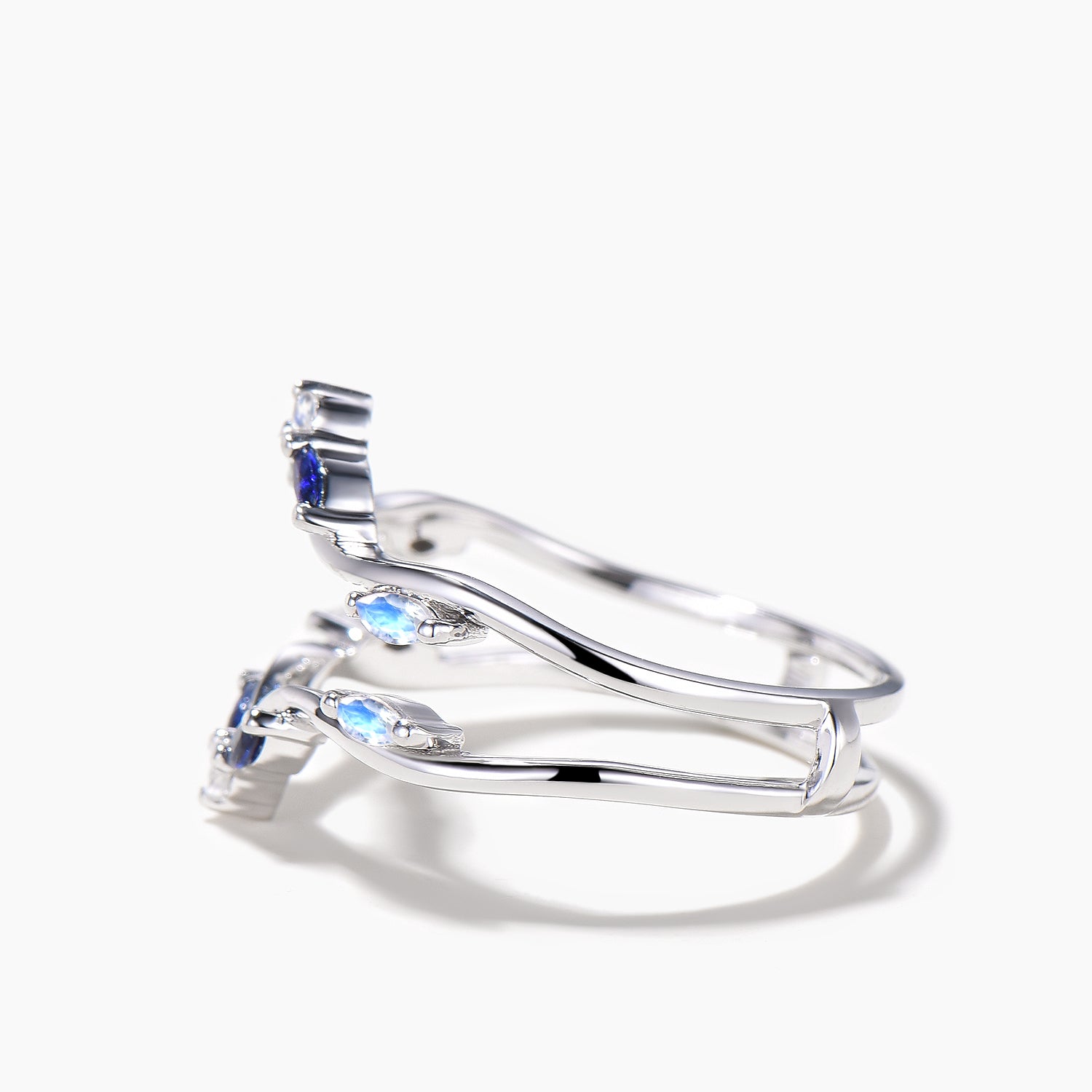 Exquisite Marquise Cut Sapphire & Round Moonstone White Gold Wedding Band Enhancer Ring - Perfect for Bridal Jewelry, Anniversary Gifts & Special Occasions