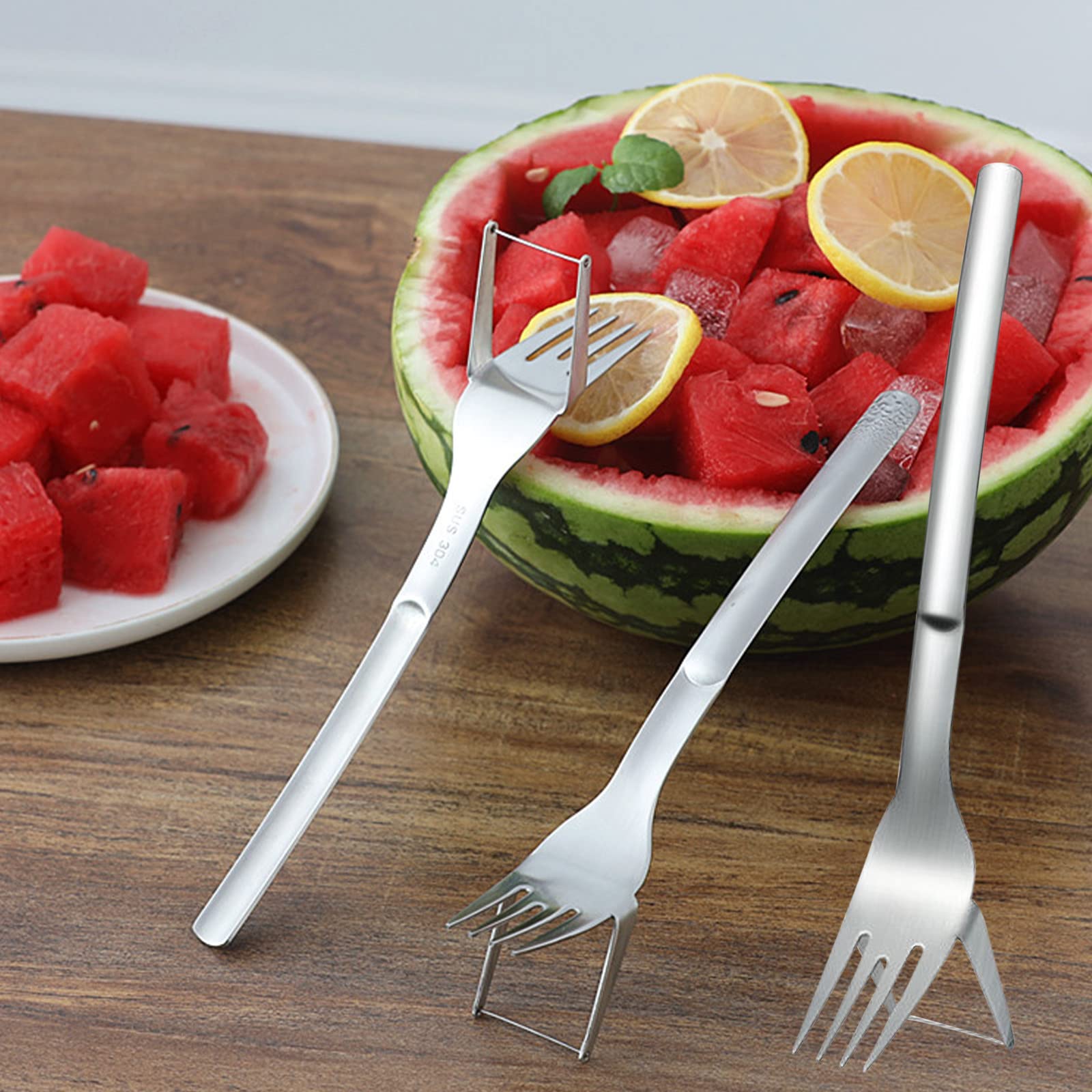Stainless Steel Watermelon Cutter - 2-in-1 Watermelon Slicer & Fork Set - Durable Fruit Cutting Tool for Summer BBQs, Family Parties, Picnics & Camping Outdoor Activities