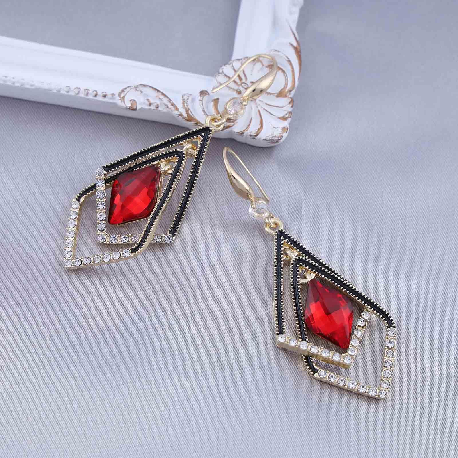 Bohemian Ruby Crystal Dangle Earrings - Gold Hollow Square Drop Earrings with Red CZ Stones, Rhinestone Geometric Hook Earrings for Women | Elegant Jewelry Gift for Girls, Perfect for Parties, Weddings & Special Occasions