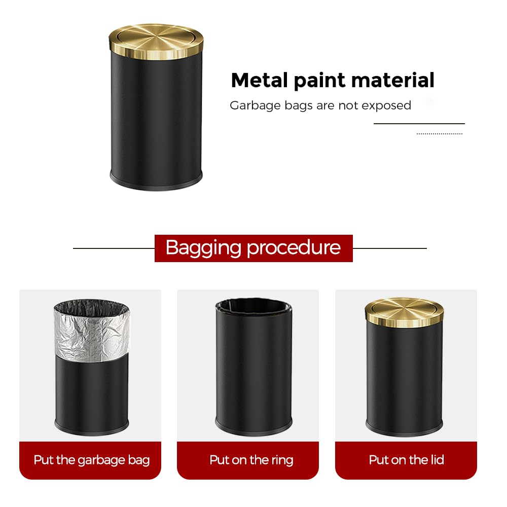9L/2.4GAL Black and Gold Trash Can with Flipping Lid - Small Bathroom Garbage Bin for Hotel, Office, Laundry & Powder Room - Elegant Metallic Gold Design (BLACK) - Perfect for Waste Disposal in Tight Spaces