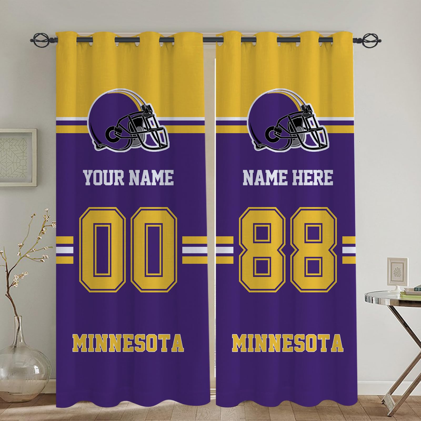 Custom Minnesota Blackout Curtain Panels with Name & Number - Personalized Football Style Bedroom Drapes for Men Fans (Set of 2 Panels) - Perfect for Game Rooms, Man Caves & Sports Themed Bedrooms