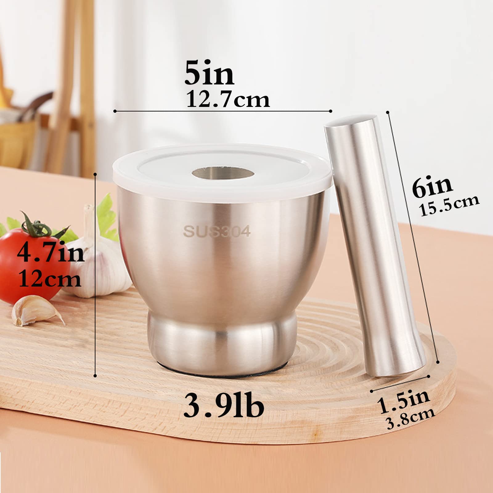 Premium Stainless Steel Mortar and Pestle Set - 5 Inch Large Molcajete for Grinding Herbs, Spices, Pills & Making Guacamole - 18/8 Rust-Proof Kitchen Tool for Cooking, Pharmacy Use & Mexican Cuisine