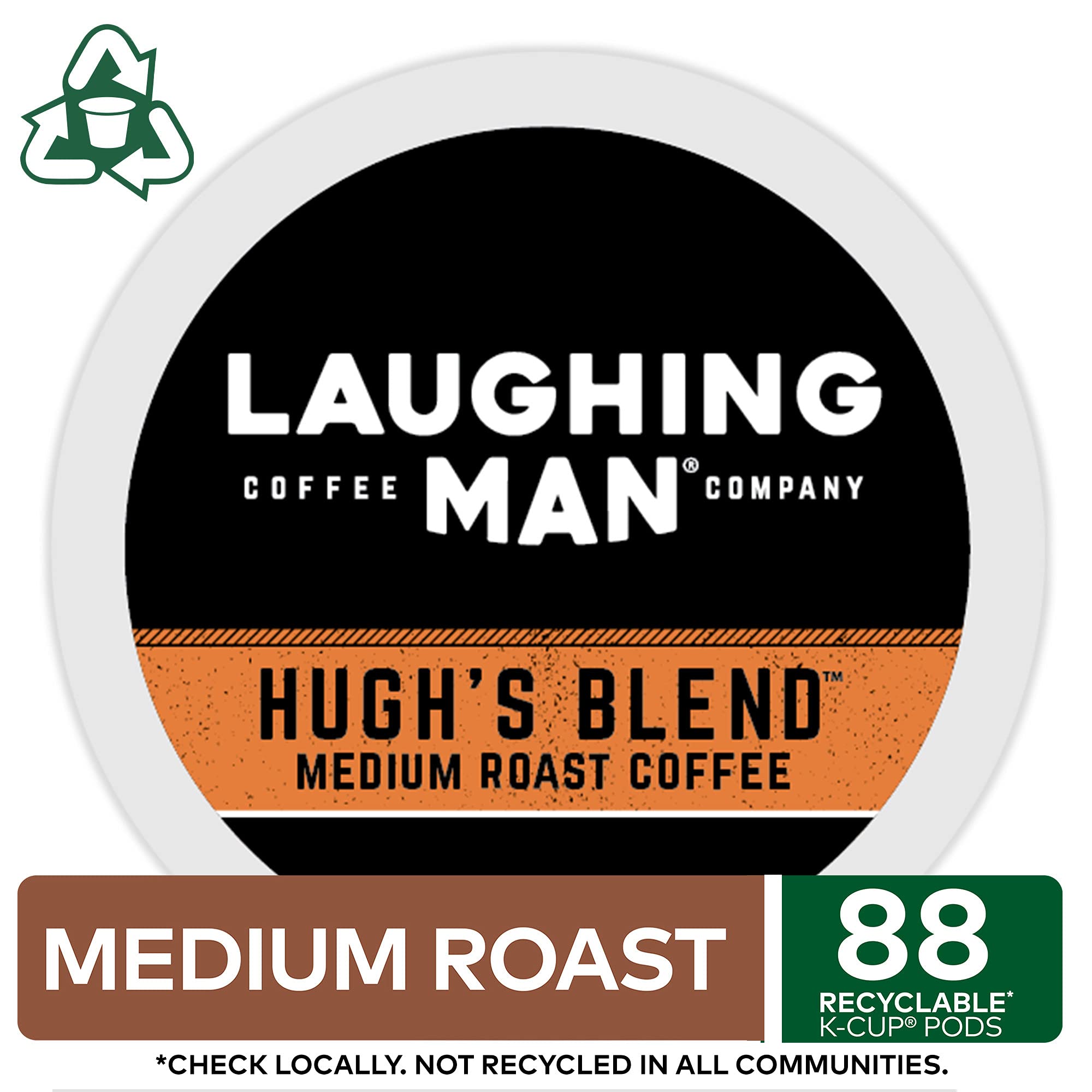 Laughing Man Hugh’s Blend Fair Trade Medium Roast Arabica Coffee Pods - 88 Recyclable K-Cups (4 Packs of 22) for Keurig Single-Serve Coffee Makers | Perfect for Home, Office & Morning Brews