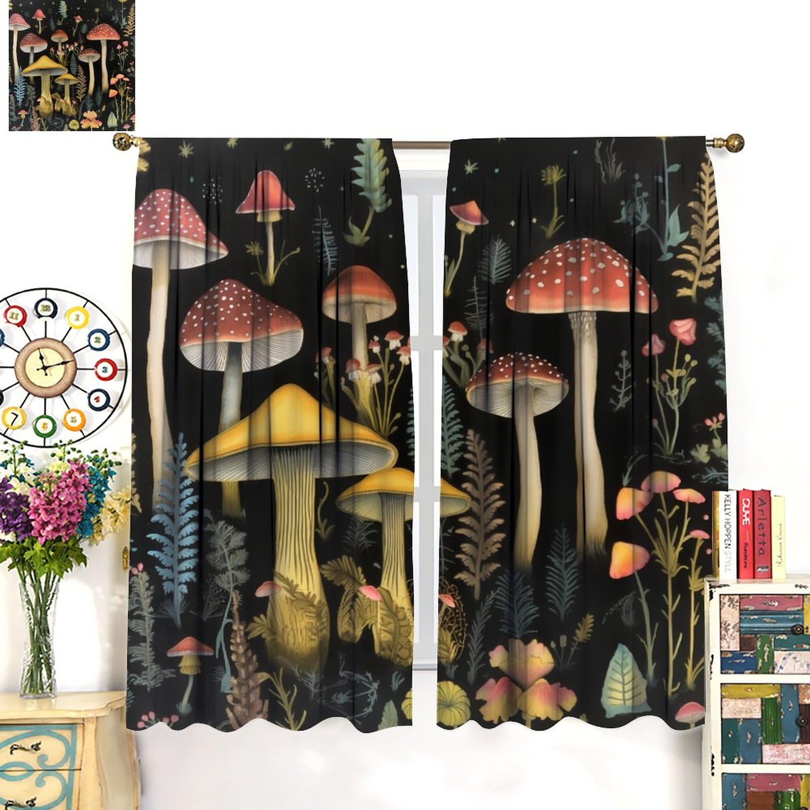 **Retro Cartoon Mushroom Blackout Curtains - Starry Sky Forest Colorful Mushroom Pattern, Rod Pocket Window Drapes for Bedroom, Living Room, Kitchen & Nursery (42x54 Inches) - Perfect for Kids' Rooms, Cozy Spaces & Light Blocking**