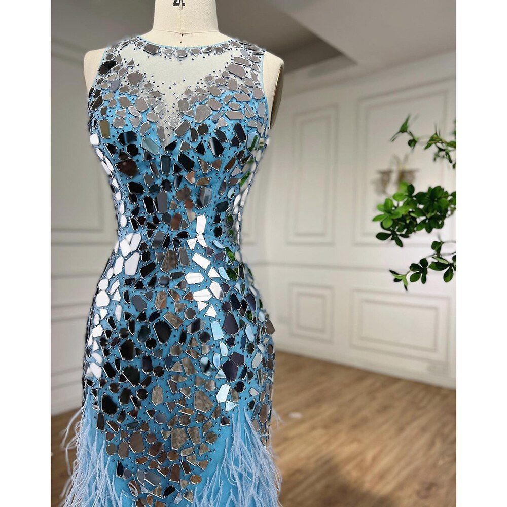 Elegant Blue O-Neck Sleeveless Feather Mermaid Evening Dress for Women - Formal Party Gown 2025 LA72081 | Perfect for Prom, Wedding Guest & Cocktail Events