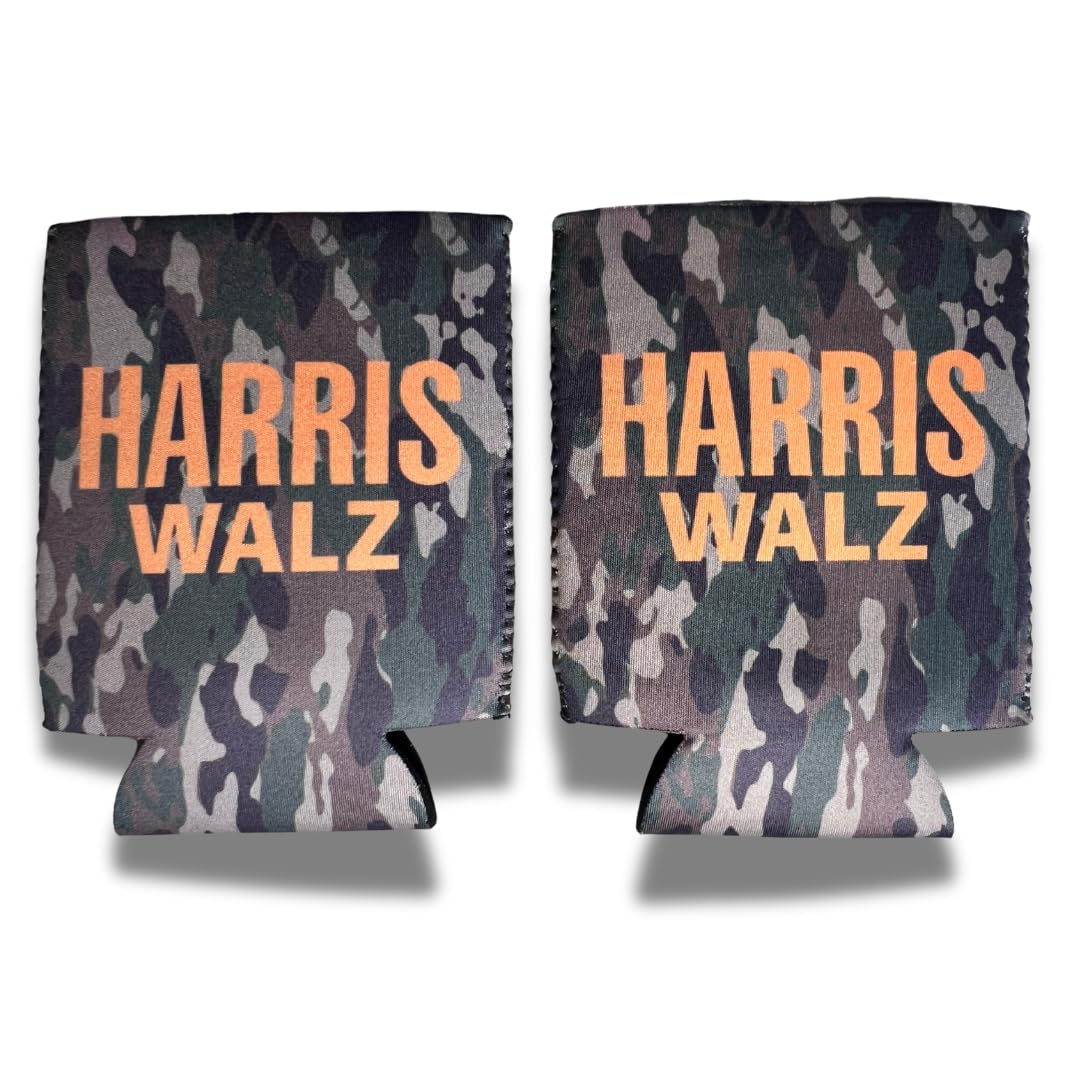 Harris Walz Camo Can Coozie 2 Pack – Insulated Beer Sleeves for Campaign Rallies, Outdoor Adventures, Tailgating & Camping