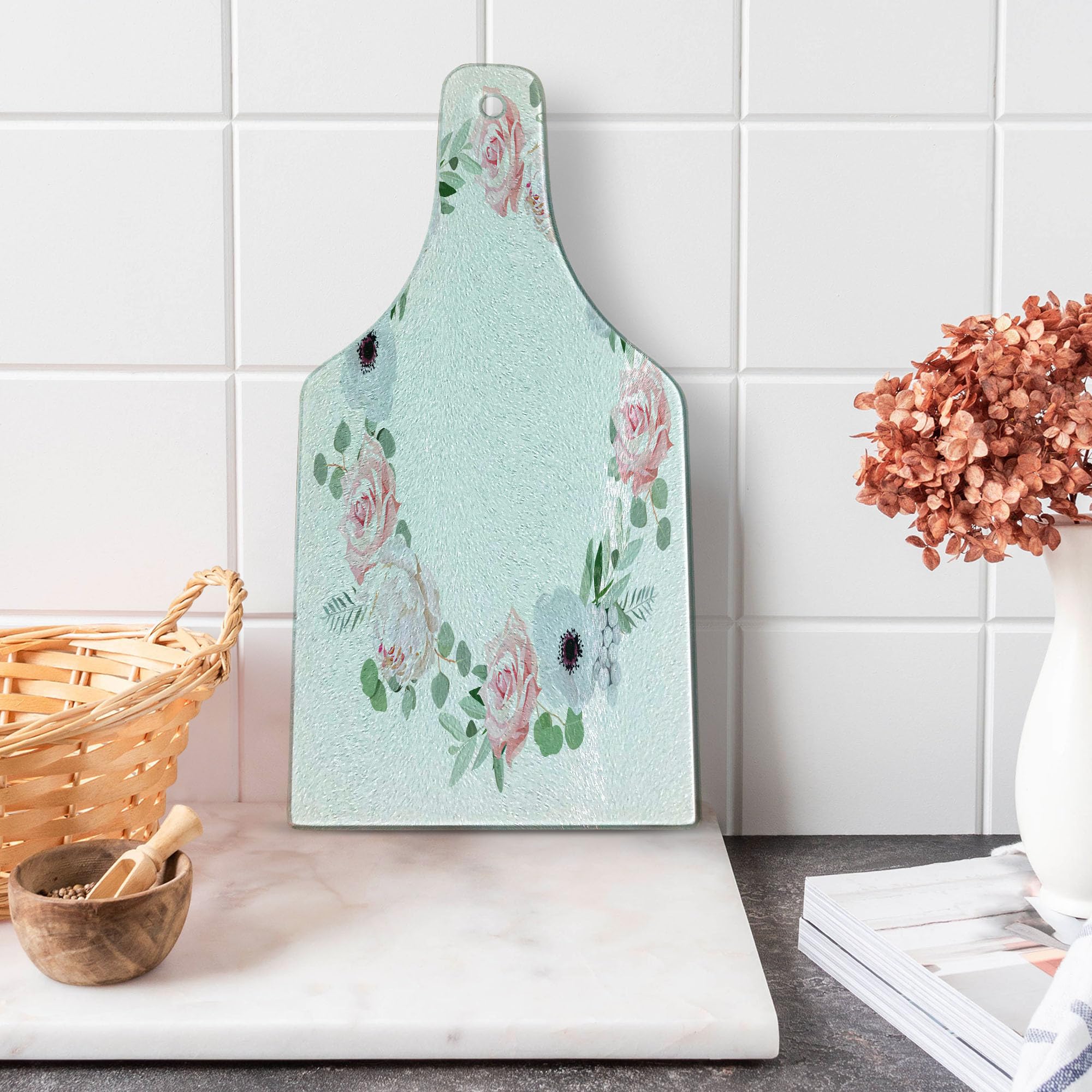 Ambesonne Anemone Flower Tempered Glass Cutting Board - Decorative Peony Rose Brunia Eucalyptus Leaves Round Wreath Design - Wine Bottle Shape Serving Board in Almond Green, Pale Pink & White - Perfect for Charcuterie, Cheese Platters & Wine Pairings