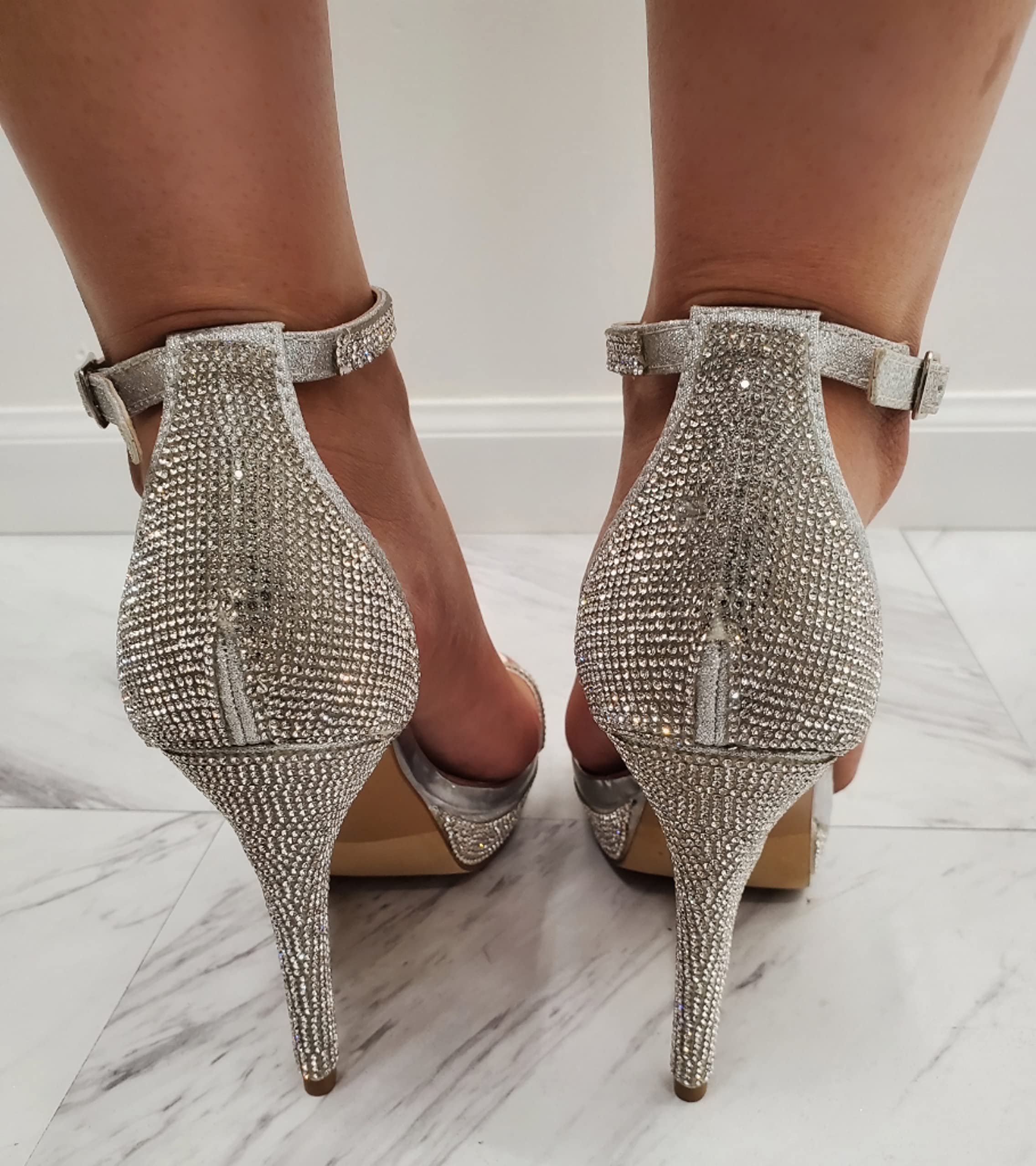 Forever Link Women's Open Toe Rhinestone Stiletto Heels - Silver Size 10 | Ankle Strap Sandals for Parties, Weddings & Evening Events