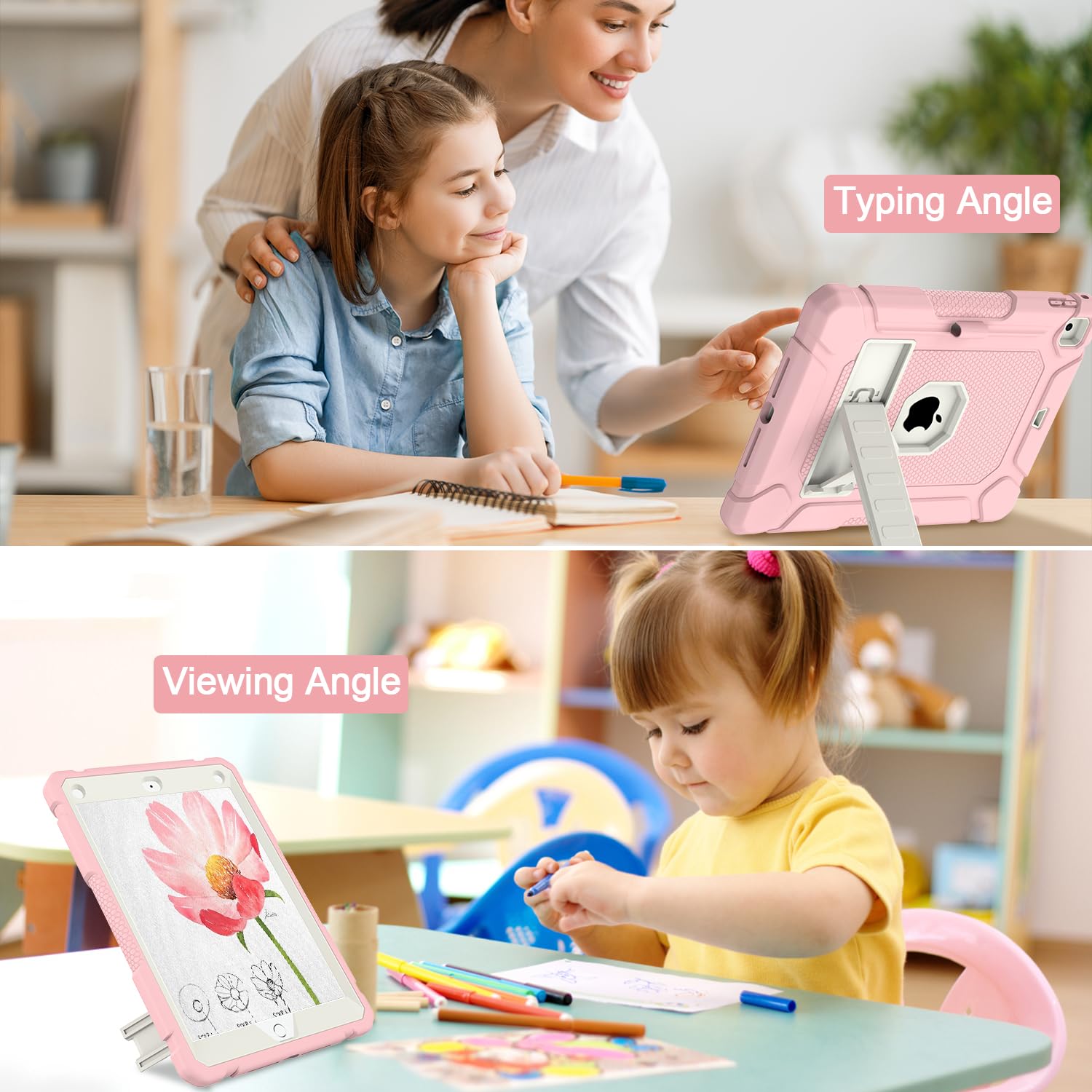Shockproof Protective Case for iPad 6th/5th Generation (9.7 inch, 2018/2017) & iPad Air 2 - Built-in Stand & Apple Pencil Holder - Pink | Perfect for Work, School & Travel Protection