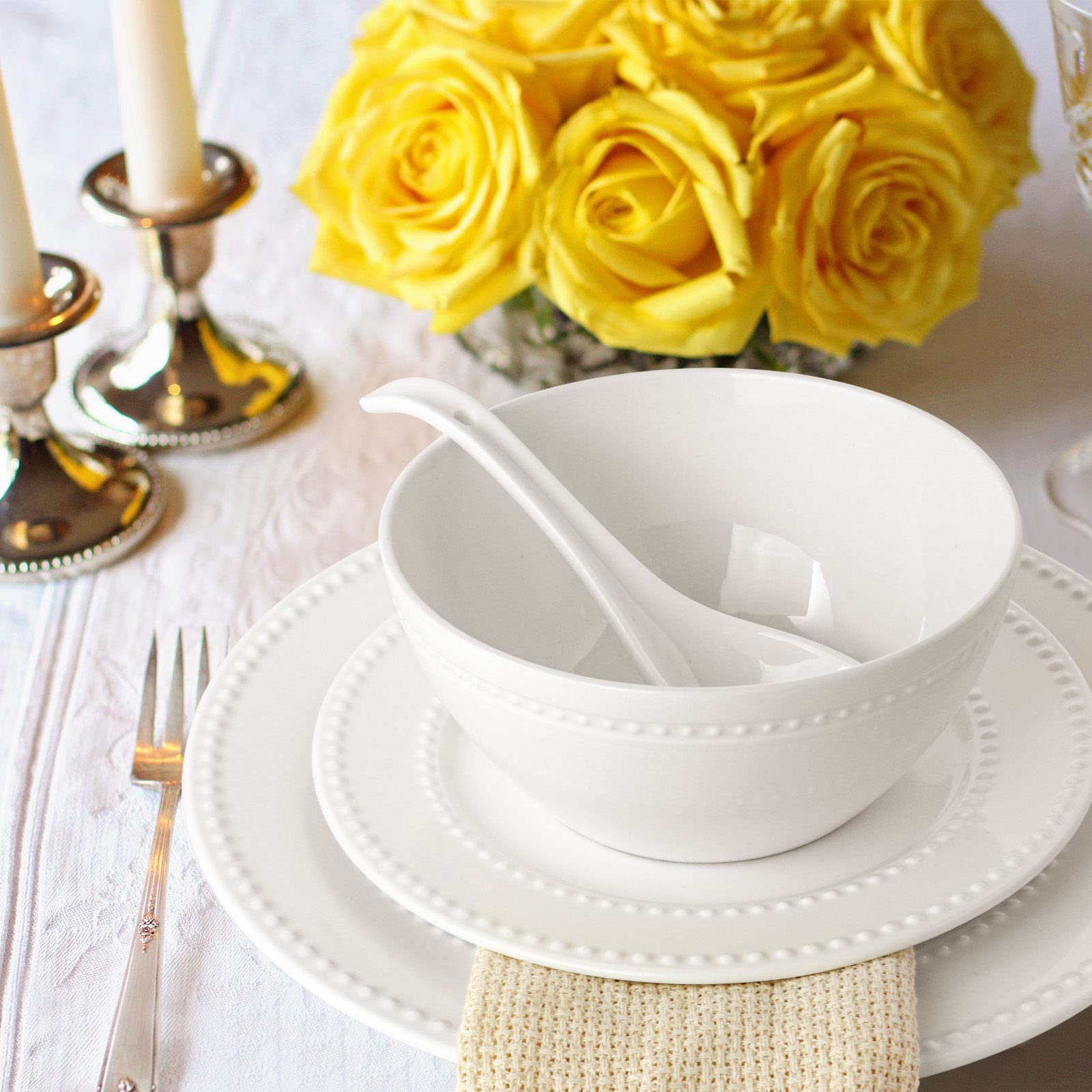 4-Pack 8 Inch White Ceramic Embossed Salad Plates - Scratch & Chip Resistant Appetizer Dessert Plates - Oven, Microwave & Dishwasher Safe Small Dinner Plates for Restaurants, Kitchens & Home Entertaining