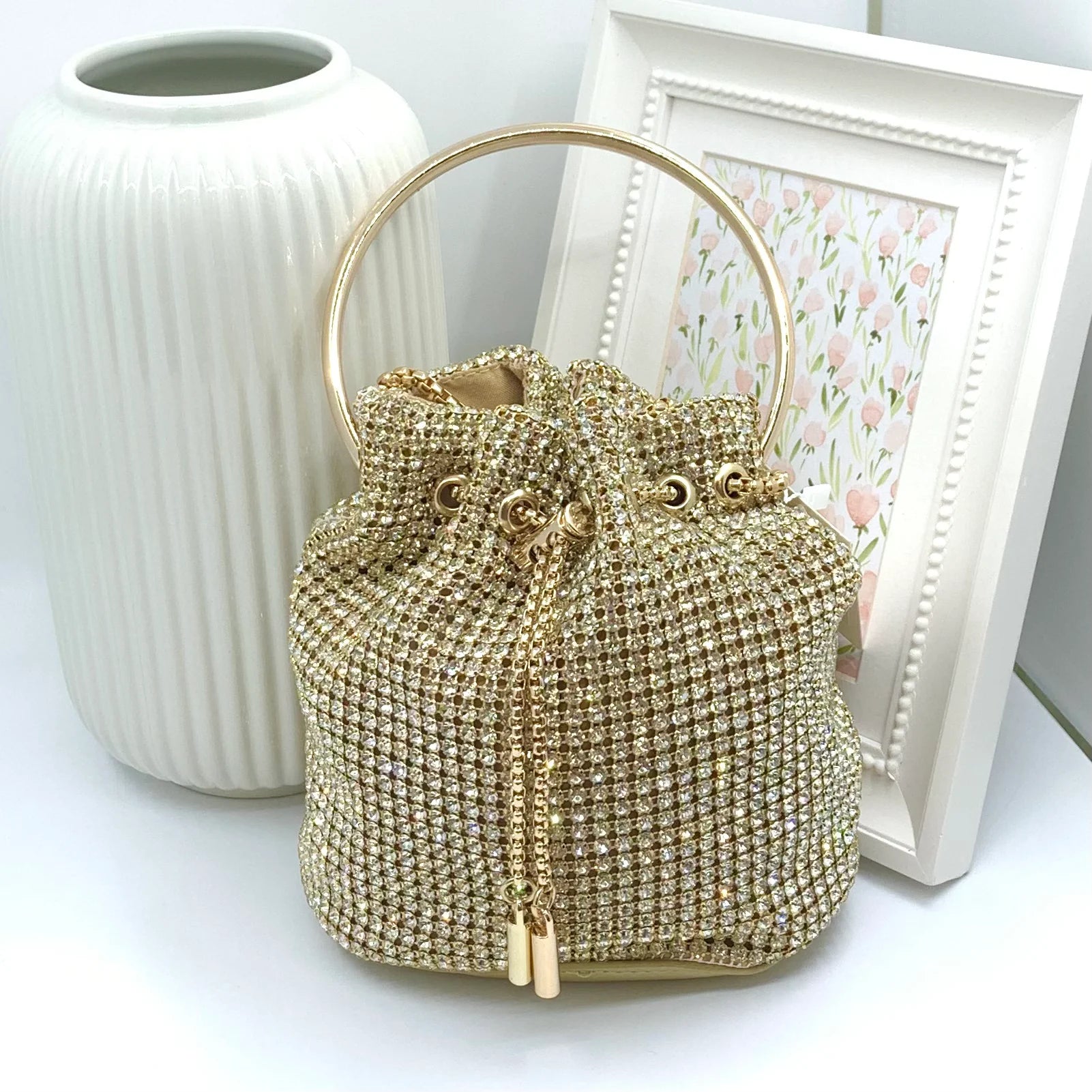 LUCY Drawstring Diamante Evening Clutch Bag for Women - Gold Sparkly Party Purse for Weddings, Prom, and Special Occasions