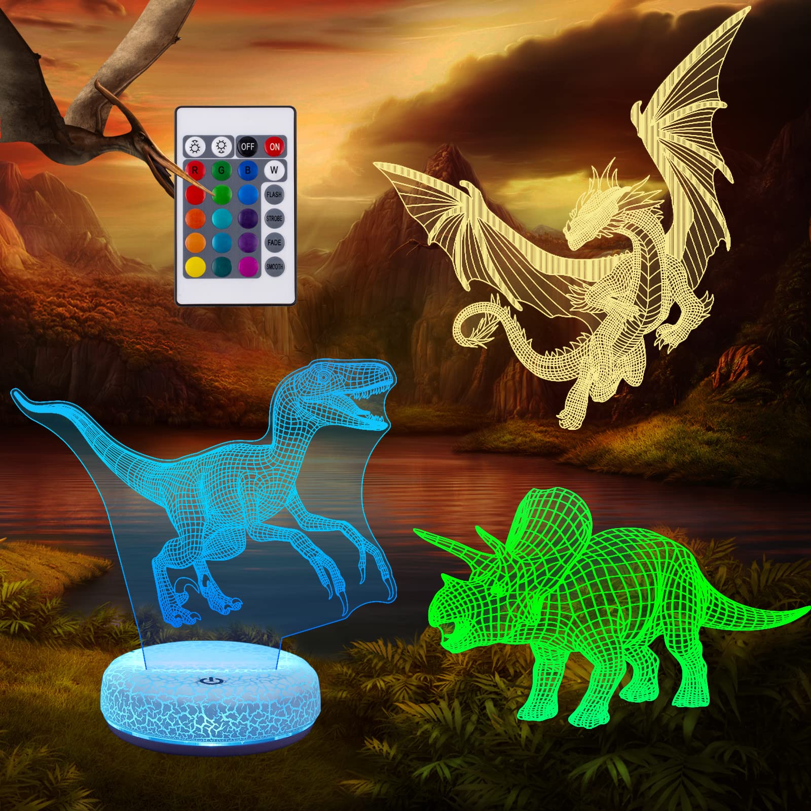 3PCS Dinosaur Night Light for Kids - LED 3D Dinosaur Illusion Lamp with 16 Color Changing, USB Rechargeable, Touch Control & Remote - Cool Dino Night Light for Boys Girls Room Decor, Birthday Gift - Perfect for Bedroom, Nursery, Study Desk and Kids Party Decorations
