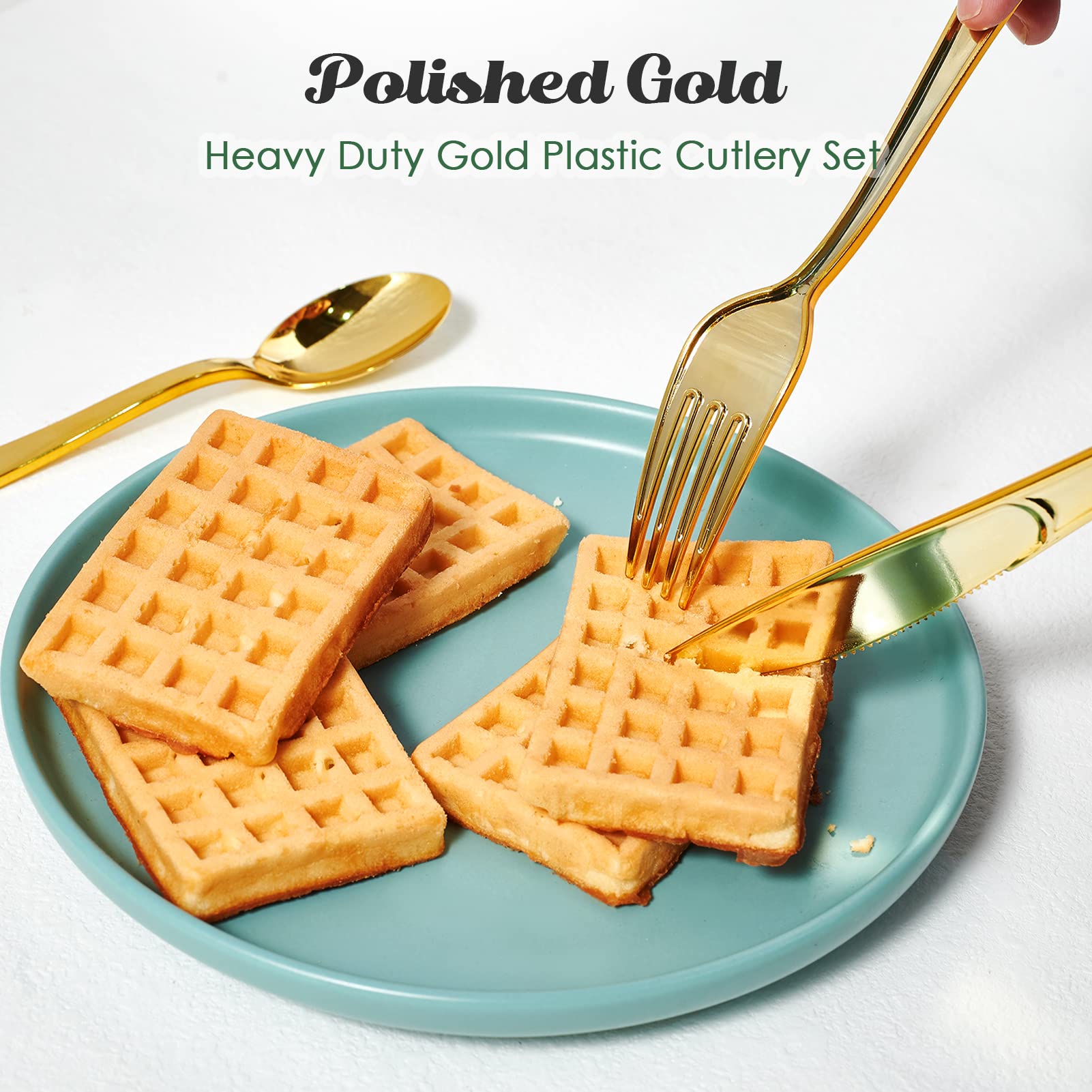 FOCUSLINE 75-Pack Gold Plastic Silverware Disposable Cutlery Set - 25 Forks, 25 Knives, 25 Spoons - Heavy Duty Plastic Utensils for Catering, Parties, Weddings, Picnics, BBQs & Outdoor Events - Elegant Disposable Flatware for Home, Office & Restaurant Use