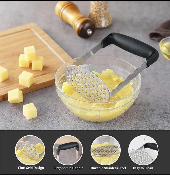 Premium Stainless Steel Potato Masher - Heavy Duty Kitchen Tool for Smooth Mashed Potatoes, Beans, Avocados & Meat | Ergonomic Non-Slip Handle | Perfect for Thanksgiving, Baby Food Prep & Home Cooking | Silver