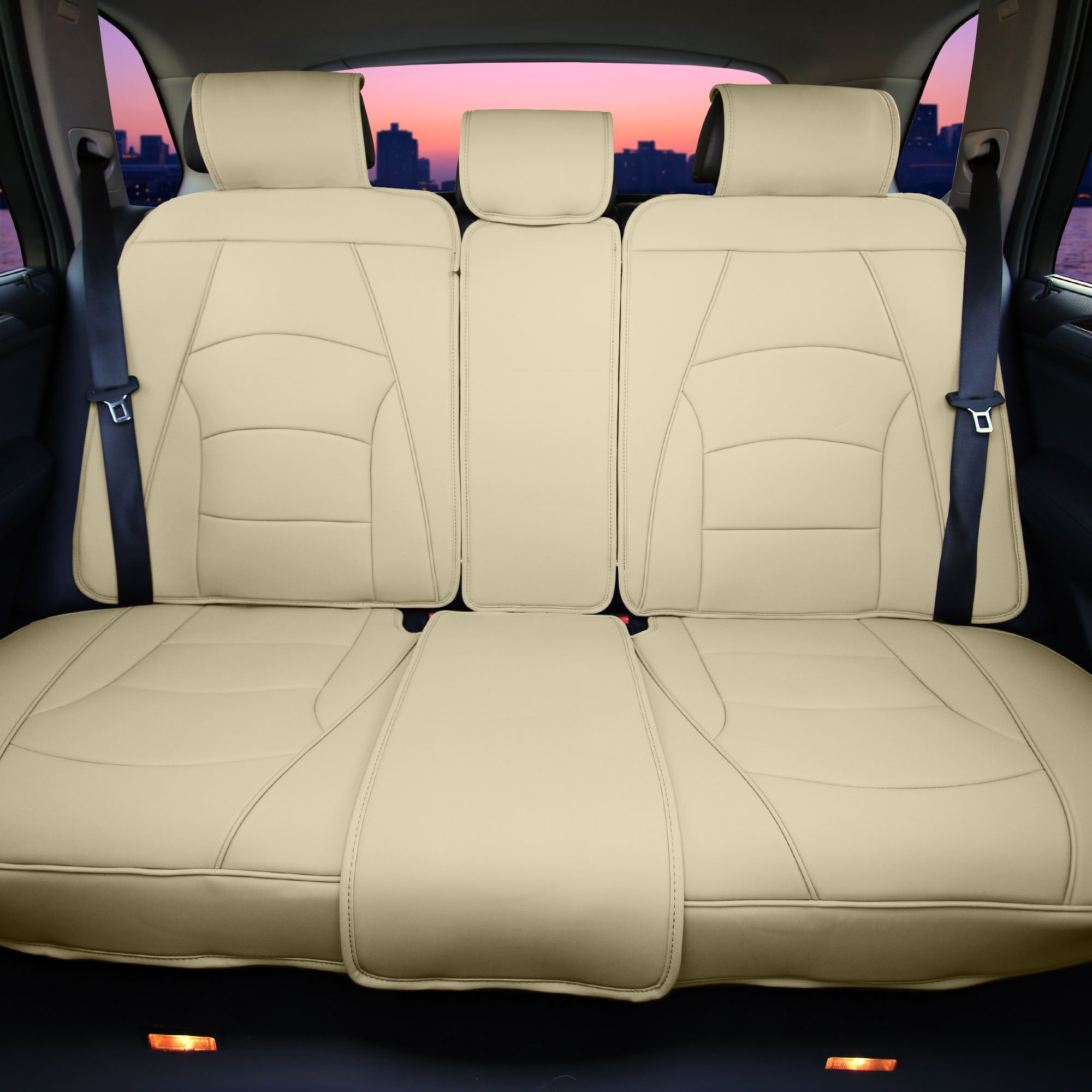 TLH Ultra Comfort Leatherette Bench Seat Cushions - Solid Beige Universal Fit for Cars, Trucks & SUVs | Premium Car Accessories for Long Drives & Road Trips