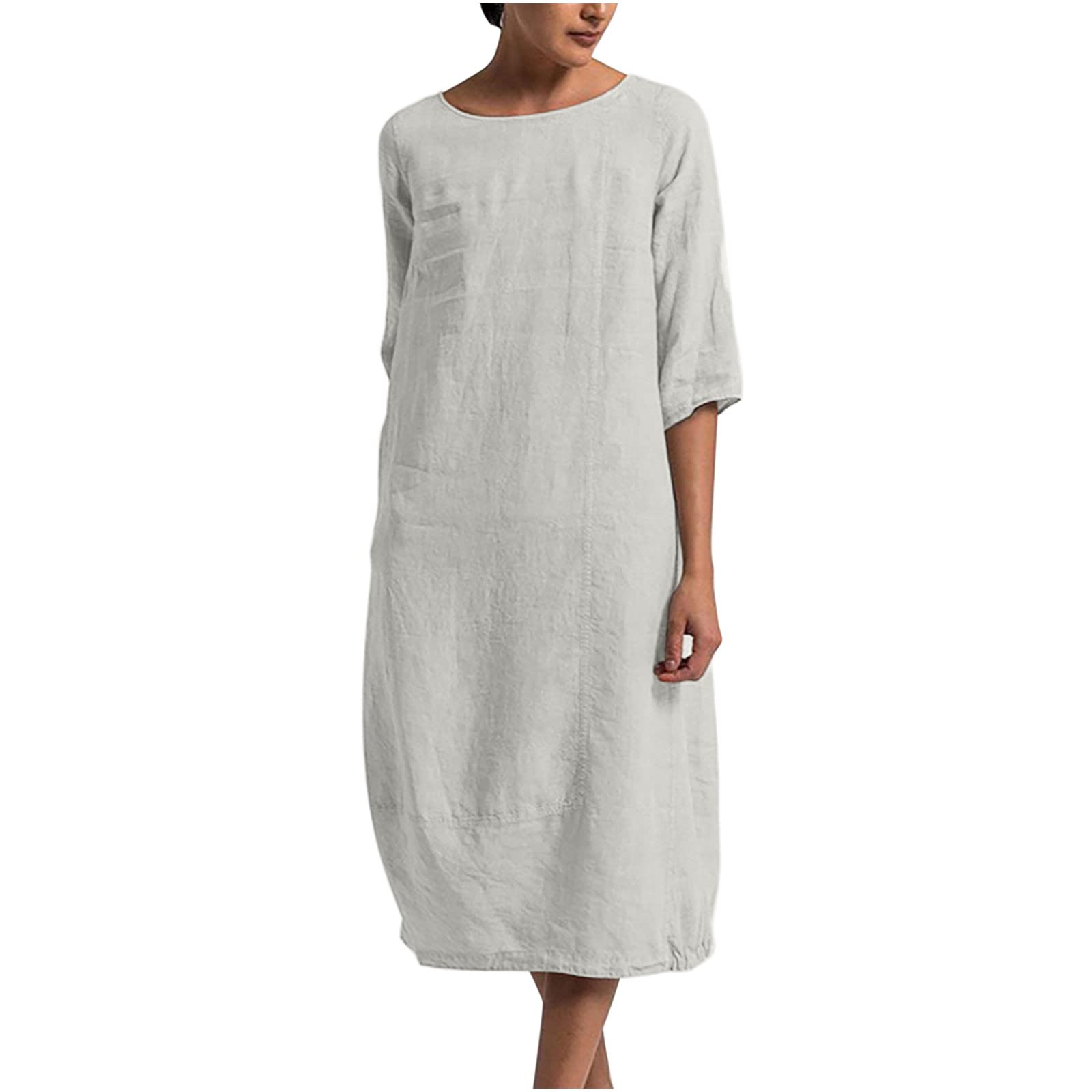 Women's Summer Long Cotton Linen Maxi Dress - Plus Size Loose Fit Long Sleeve Crew Neck Casual Dress for Beach, Vacation & Everyday Wear