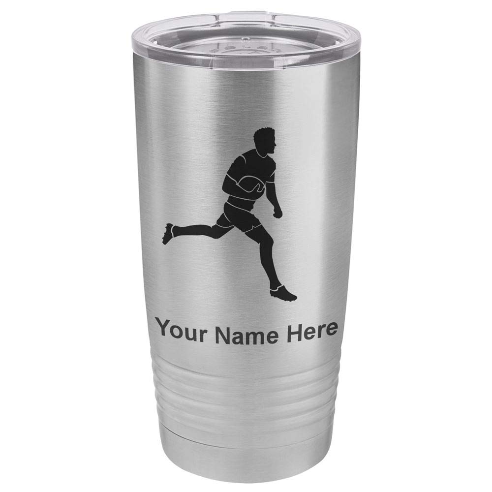 LaserGram 20oz Vacuum Insulated Stainless Steel Tumbler Mug with Personalized Engraving - Rugby Player Design | Keeps Drinks Hot/Cold for Hours | Perfect for Sports Fans, Office Use & Outdoor Activities