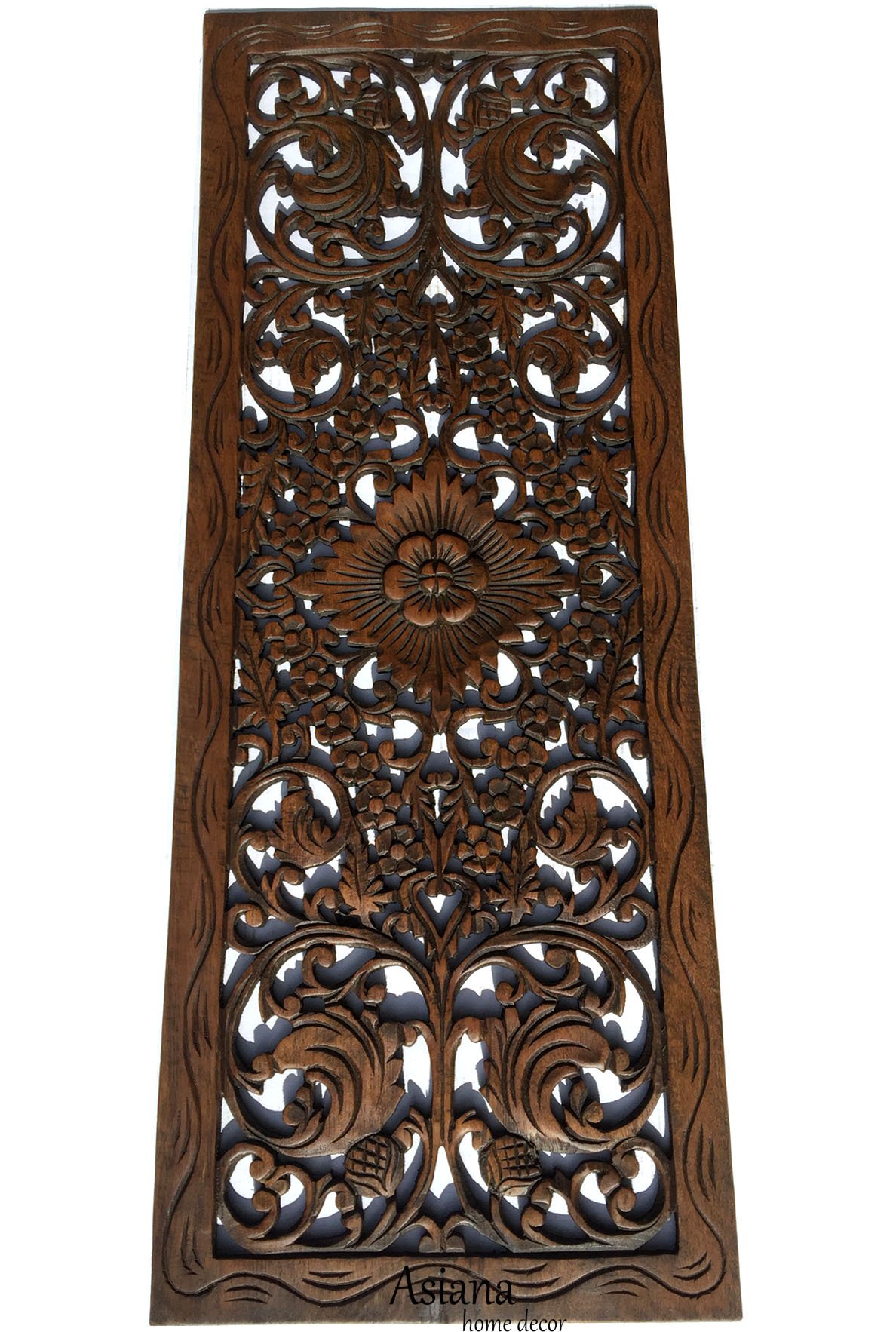 Hand Carved Wood Wall Panel - Floral Decor 35.5x13.5 Inches for Home & Office
