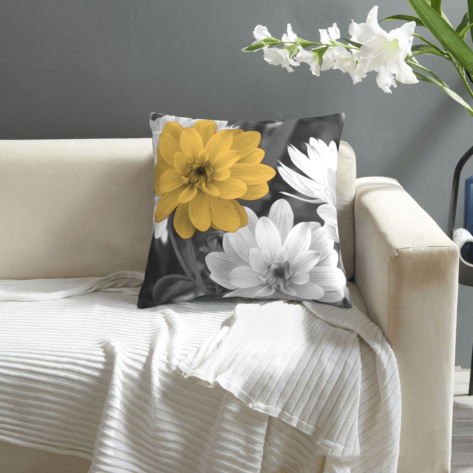 Yellow Grey Velvet Throw Pillow Covers 18x18 Inch - Floral Decorative Cushion Covers for Sofa, Couch & Bed - Cozy Fall Home Decor for Living Room, Bedroom & Dorm