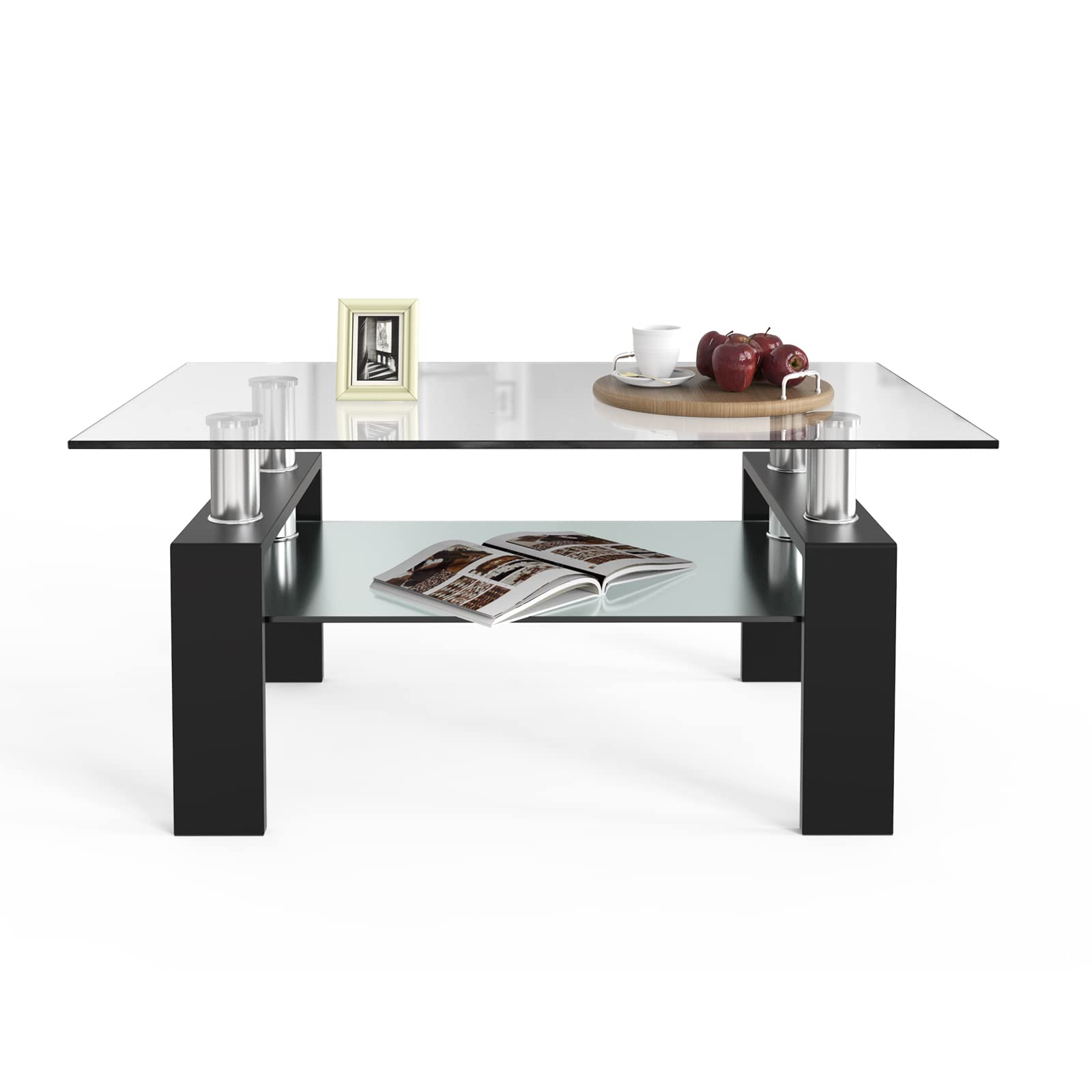 NAFORT Modern 2-Tier Rectangle Coffee Table with Tempered Glass Top & Sturdy Metal Legs - Living Room Center Table with Storage Shelf | Perfect for Small Spaces, Apartments & Contemporary Home Decor