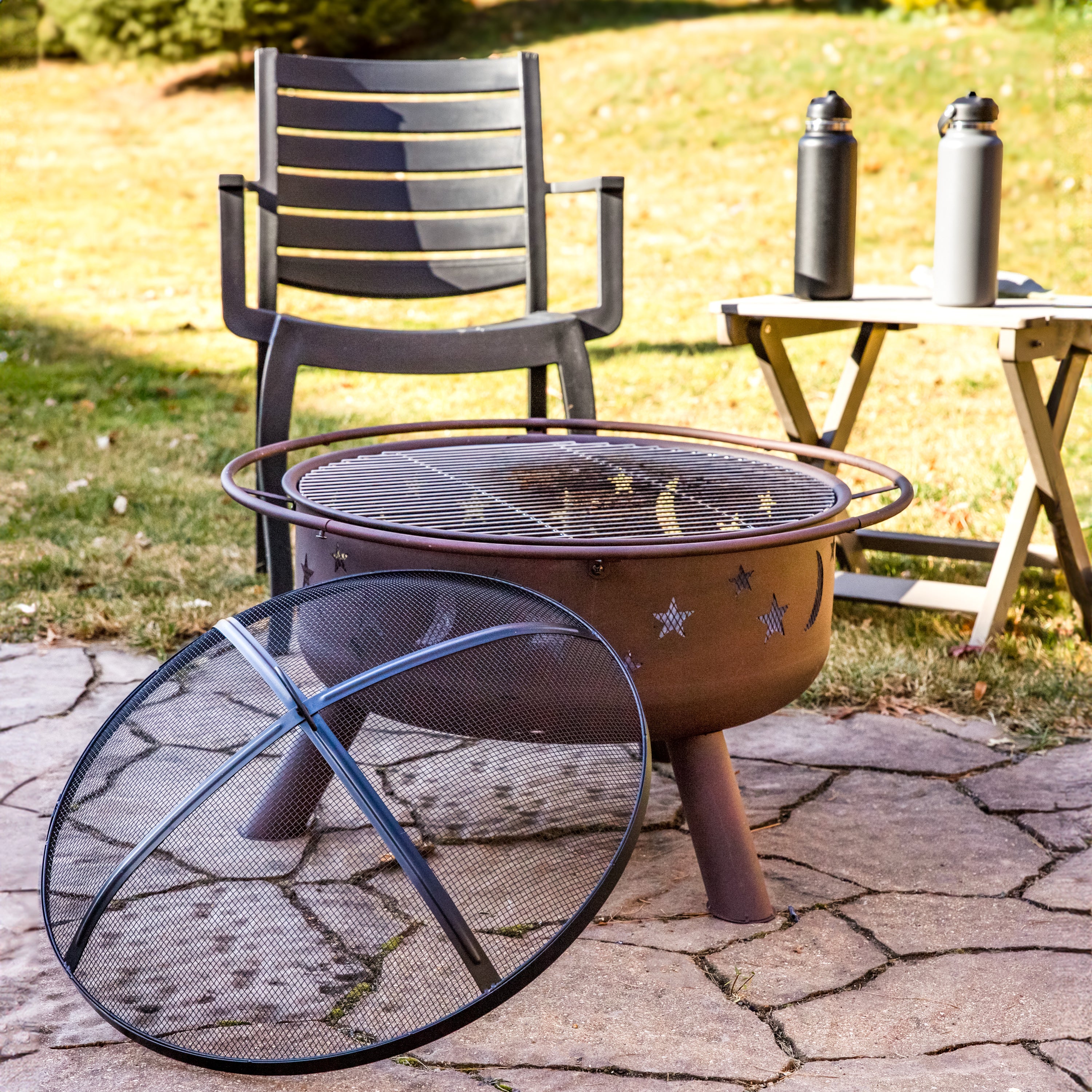 Sunnydaze 30-Inch Cosmic Cooking Fire Pit with Grill Grate & Spark Screen - Outdoor Camping, Backyard BBQ, and Patio Bonfire Cooking