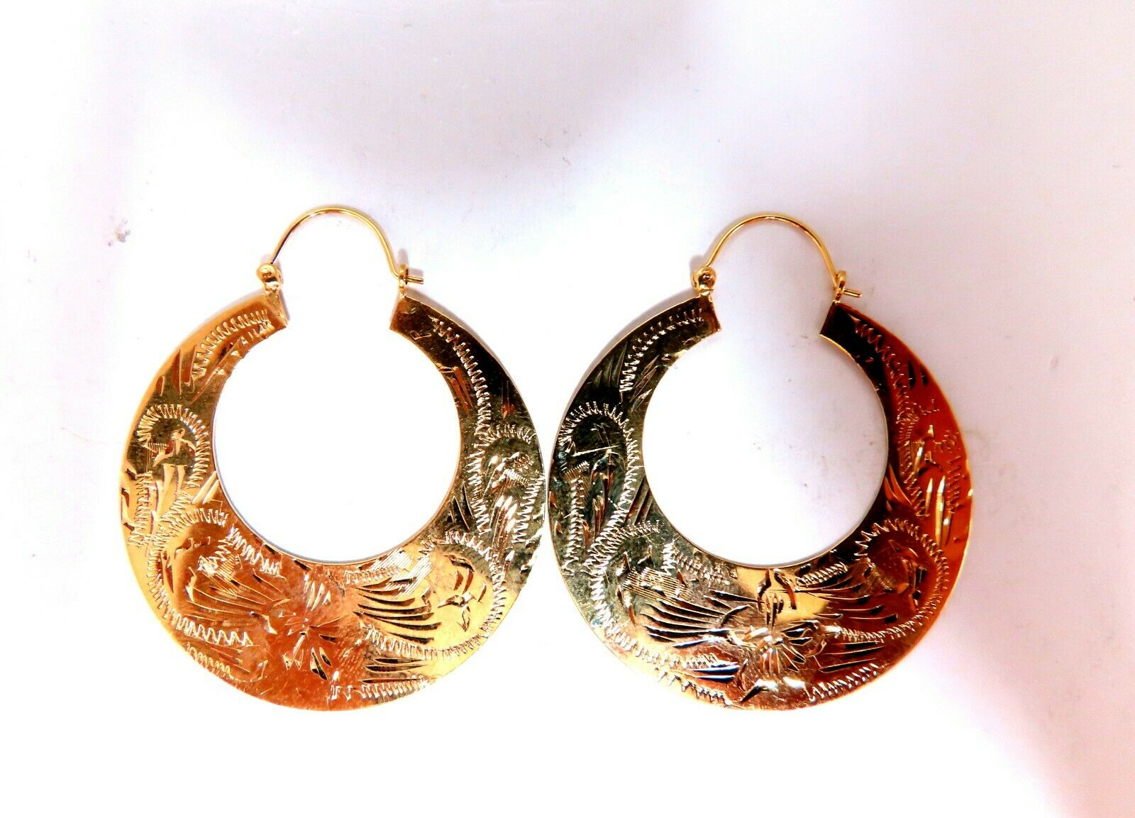 14kt Tibetan Crescent Carved Gold Earrings 1.6 Inch - Elegant Boho Jewelry for Women, Perfect for Weddings, Parties & Special Occasions