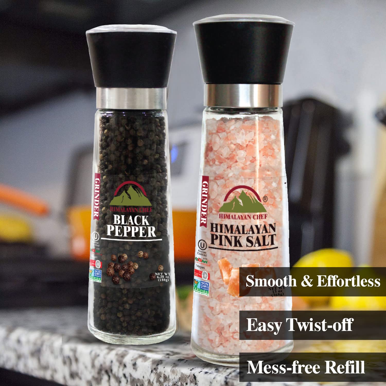 Himalayan Chef Stainless Steel Himalayan Salt and Pepper Grinder Set - Adjustable Coarseness, Tall Glass Shakers for Kitchen, Dining Table & Outdoor Cooking - Premium Spice Mill for Gourmet Meals