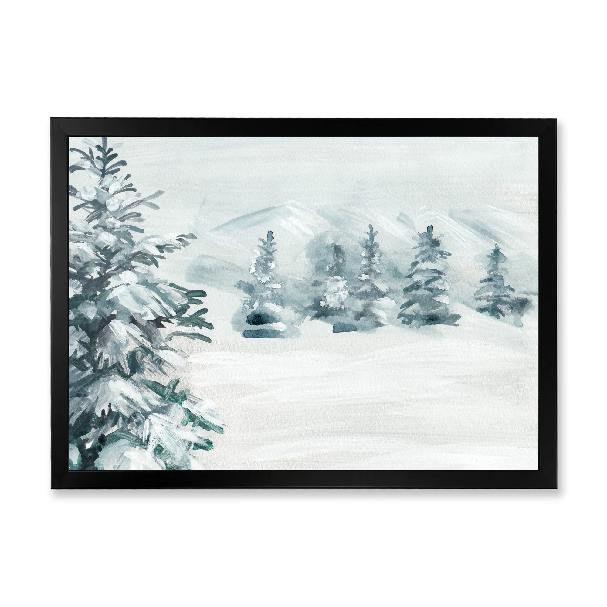 DesignQ Snowy Pine Trees Traditional Framed Wall Art - Winter Landscape Canvas Painting for Living Room, Bedroom & Office Decor