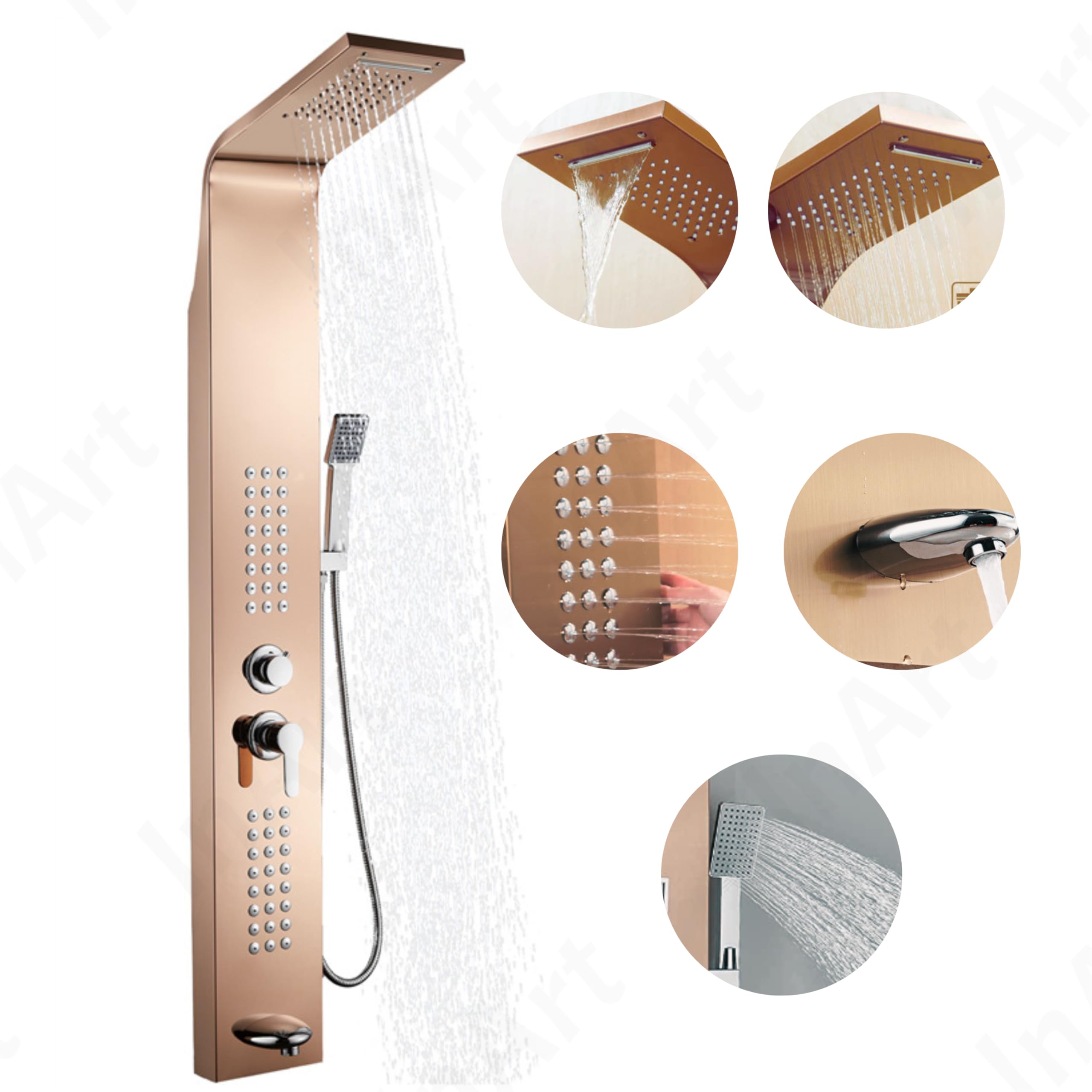 Premium Stainless Steel Shower Panel Tower System - Wall Mount Rainfall Shower Head with Massage Jets, Tub Spout & Handheld Shower in Rose Gold | Perfect for Luxury Bathroom Renovation & Spa Experience at Home