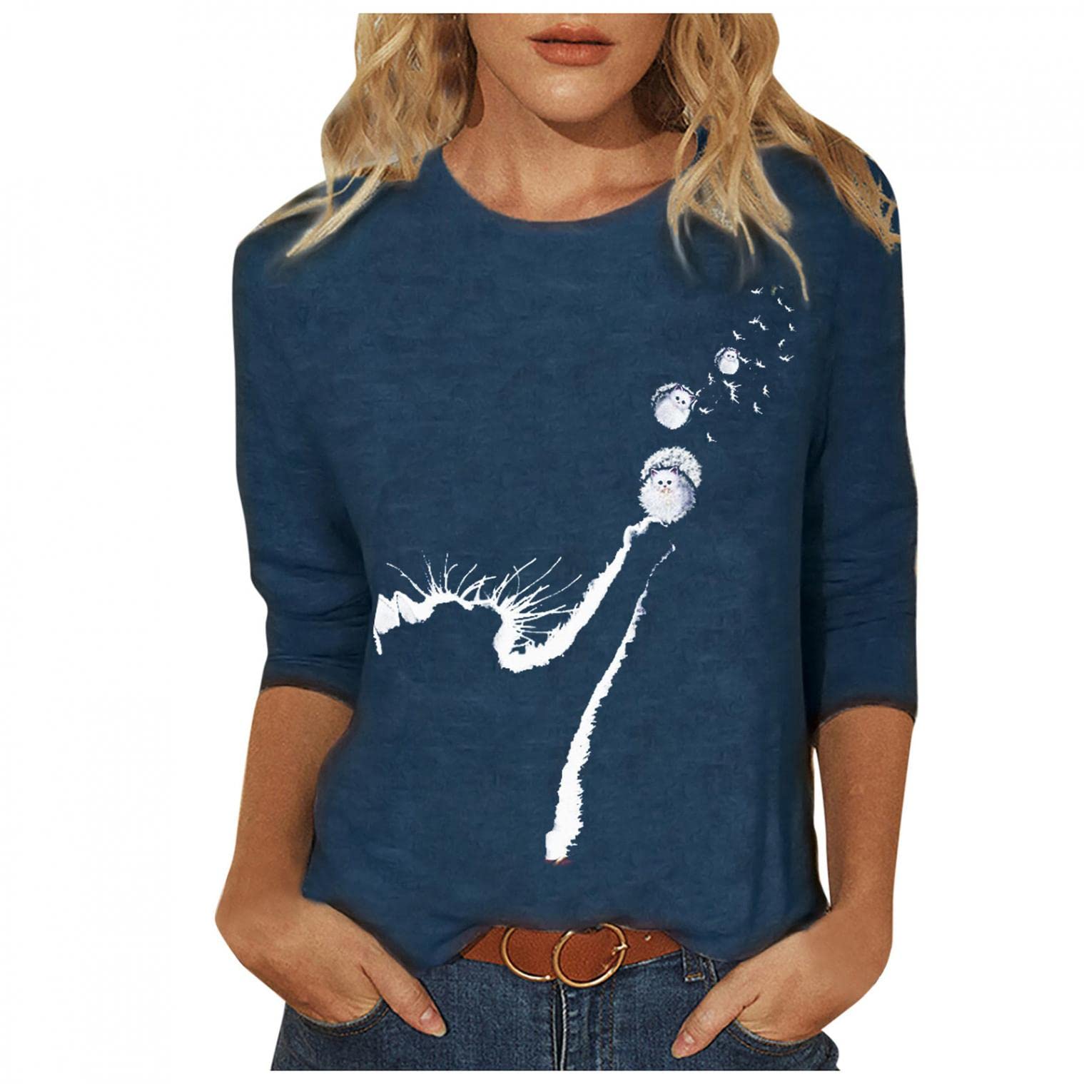 FABIURT Women's 3/4 Sleeve Butterfly Print T-Shirt - Casual Loose Fit Lightweight Blouse for Summer, Work & Everyday Wear