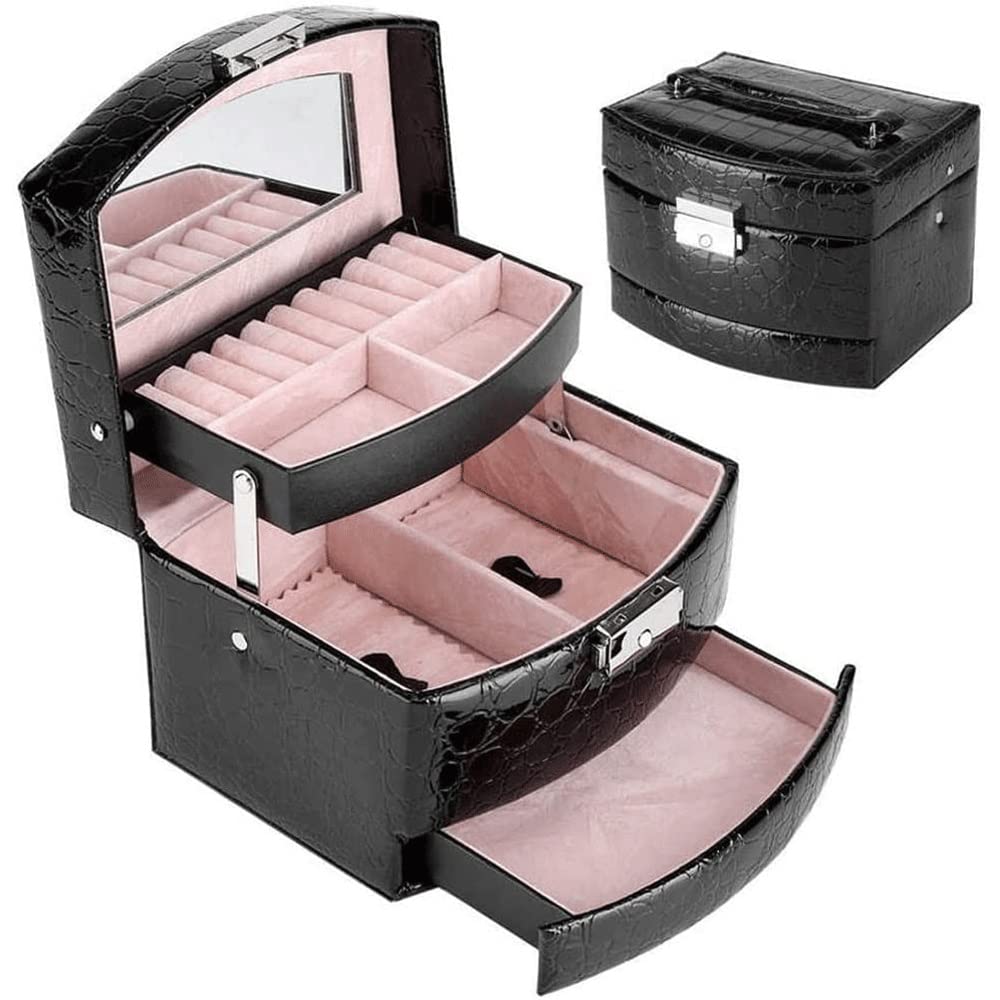 2-Layer Jewelry Organizer Box with Drawers - Necklace & Ring Storage for Travel & Gifting (Black)