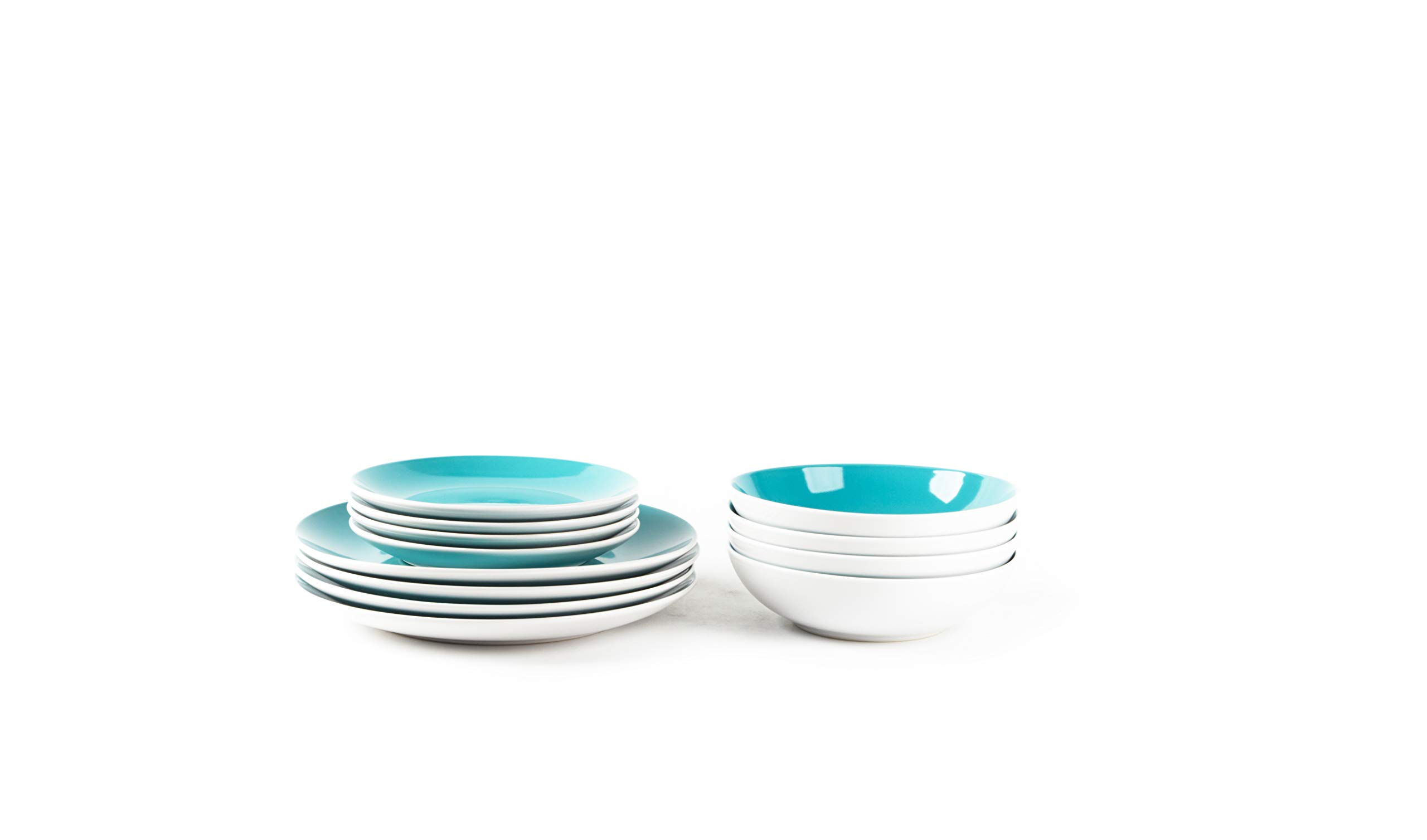 12-Piece Stoneware Coupe Dinnerware Set - White Exterior & Turquoise Interior - Elegant Tableware for Everyday Dining, Dinner Parties & Home Decor