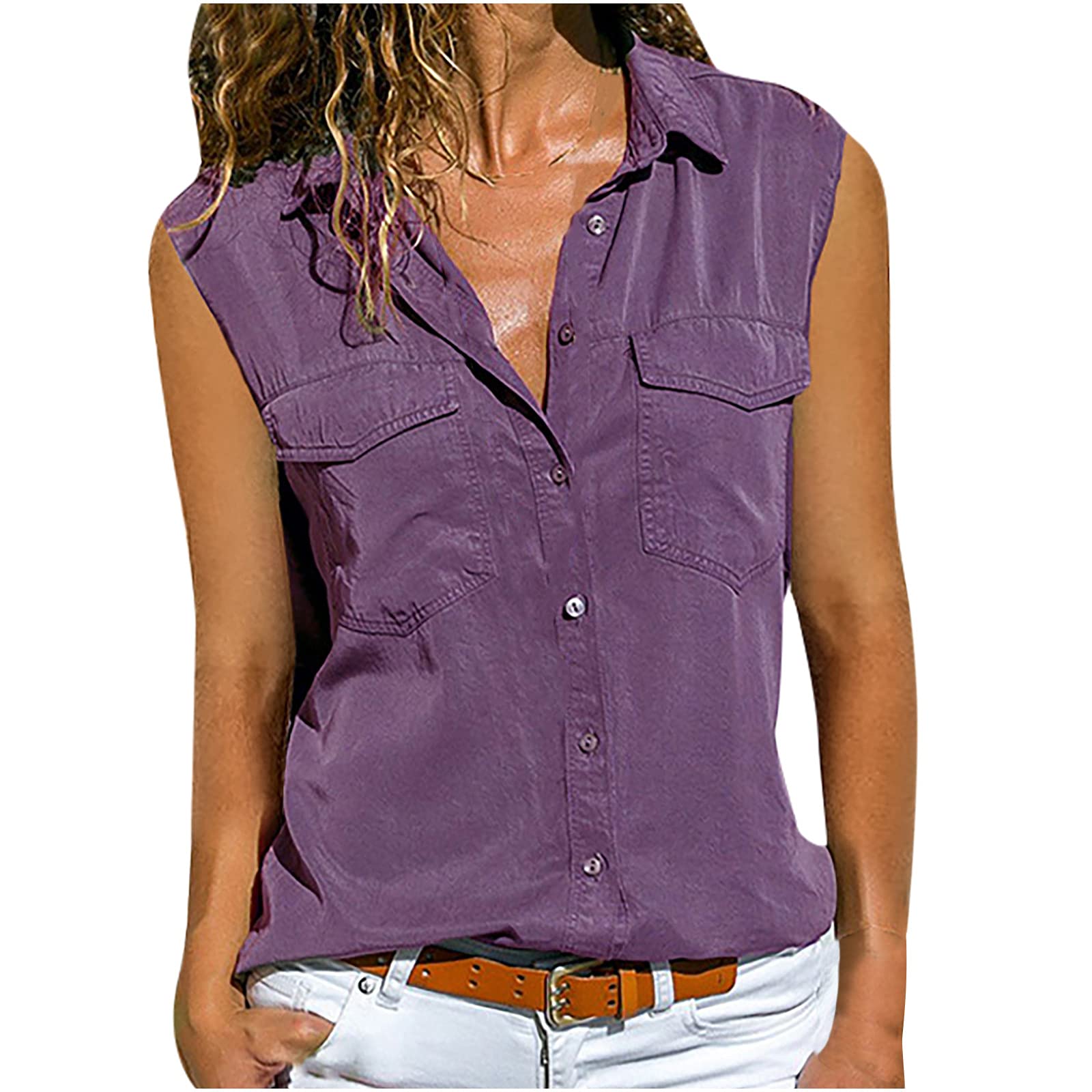 Women's Casual Solid Sleeveless Vest Top with Turn Down Collar, Pockets & Buttons - Perfect for Summer Outfits, Office Wear & Layering