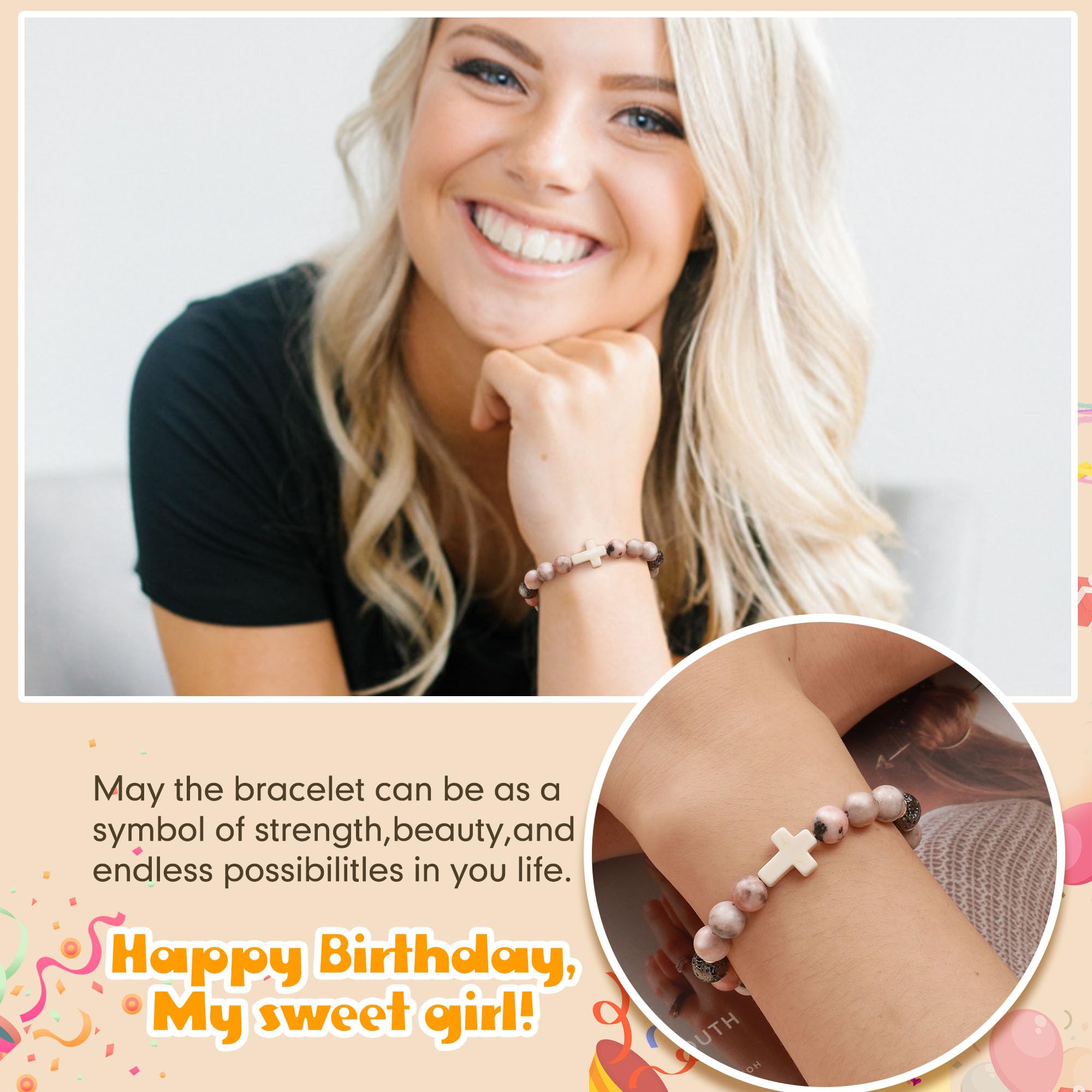 JSJOY Natural Stone Beaded Bracelet - Birthday Gifts for Women, Girls, Mom, Sister, Daughter (Age 6-80) - Christian Cross Jewelry for Easter, Christmas & Special Occasions - Perfect for Daily Wear, Church & Gift Giving