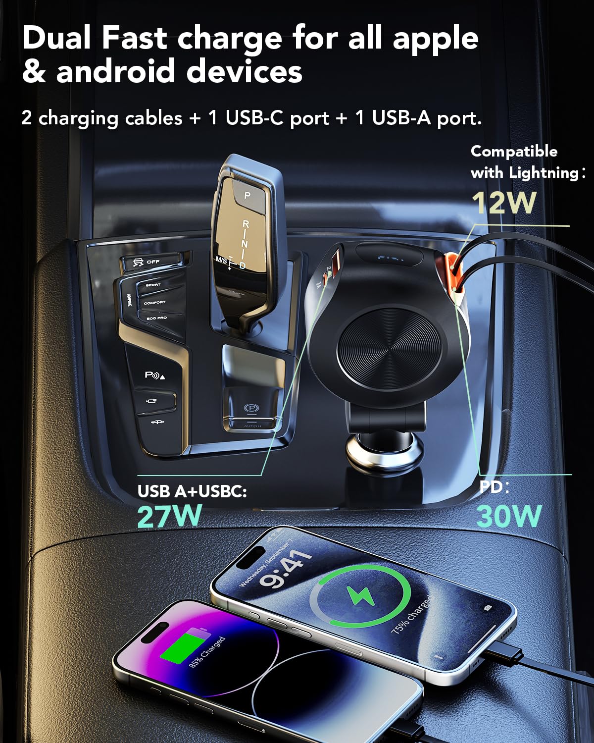 69W Retractable Car Charger with 4-in-1 Fast Charging - Dual USB Ports & 2 Retractable Cables for iPhone 16/15/14/13, AirPods 4/3, iPad, Galaxy, Pixel & Android Phones | Perfect for Road Trips & Daily Commutes