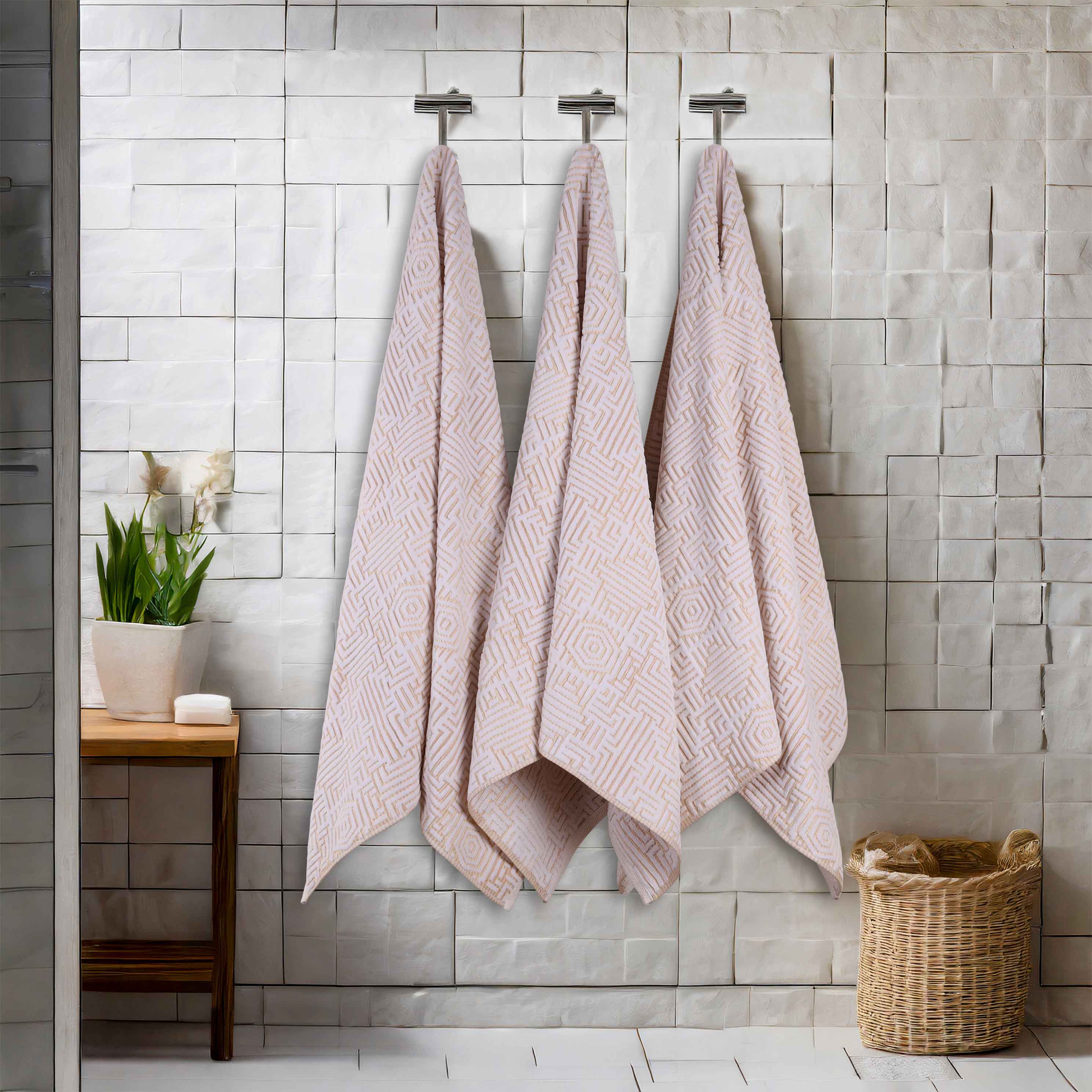 Premium Cotton Modern Geometric Jacquard Plush Bath Towel Set of 3 - Ultra Absorbent & Quick Dry - Luxury Spa, Bathroom & Beach Towels for Home & Travel