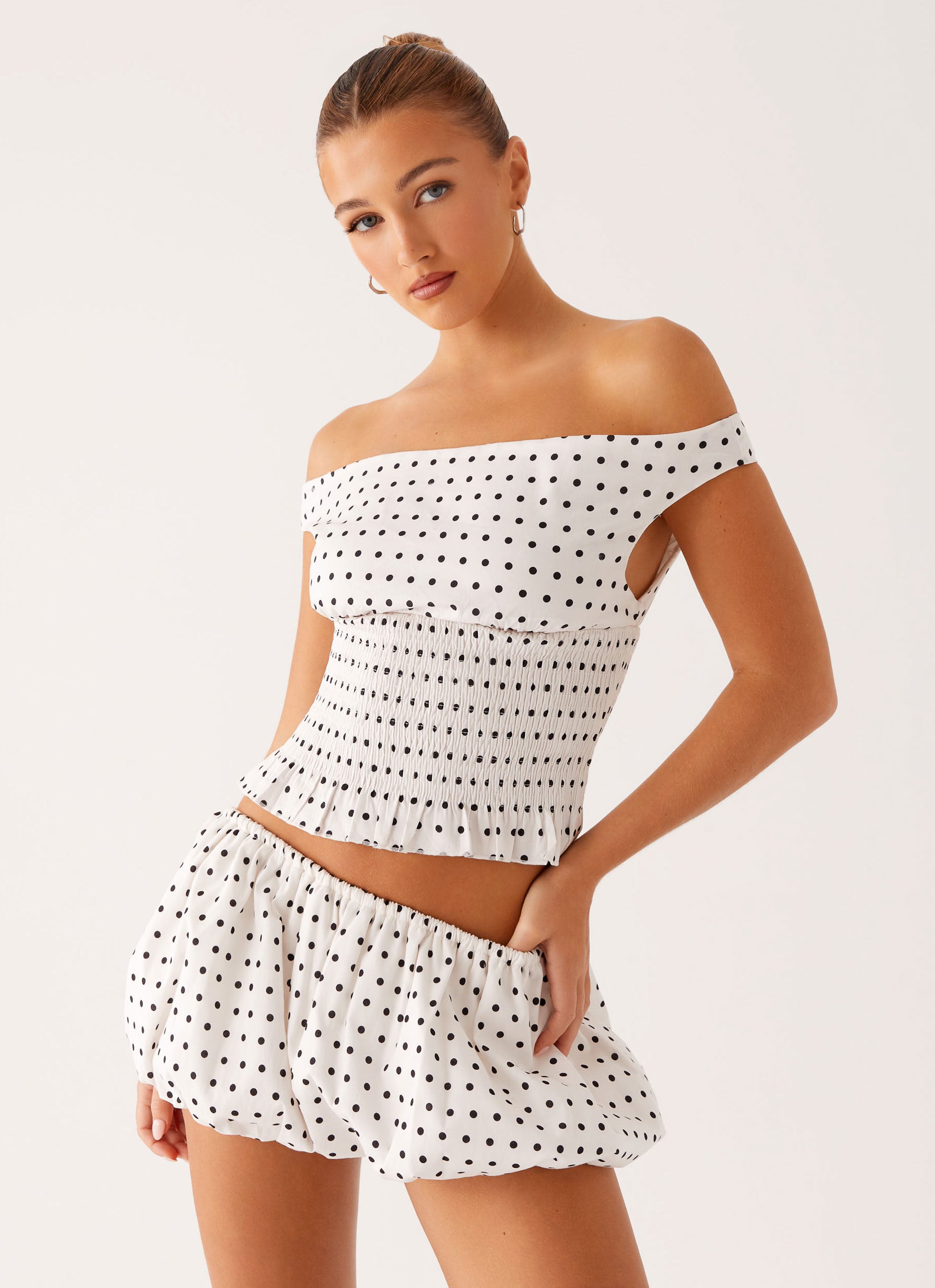 Heather Off Shoulder Top - White & Black Polka Dot Women's Blouse for Summer, Beach, and Casual Outings