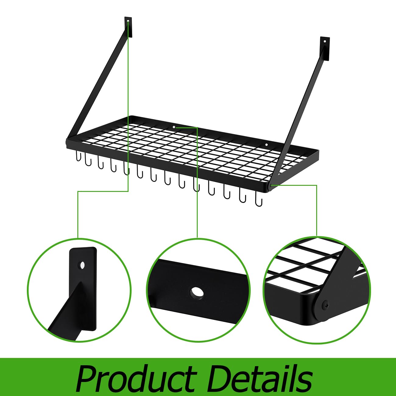 Hoooh Square Grid Wall Mount Pot Rack with 10 Hooks - Black Kitchen Cookware Hanging Organizer (KPR300A-BK) for Pots, Pans & Utensils - Perfect for Small Kitchens & Pantry Organization