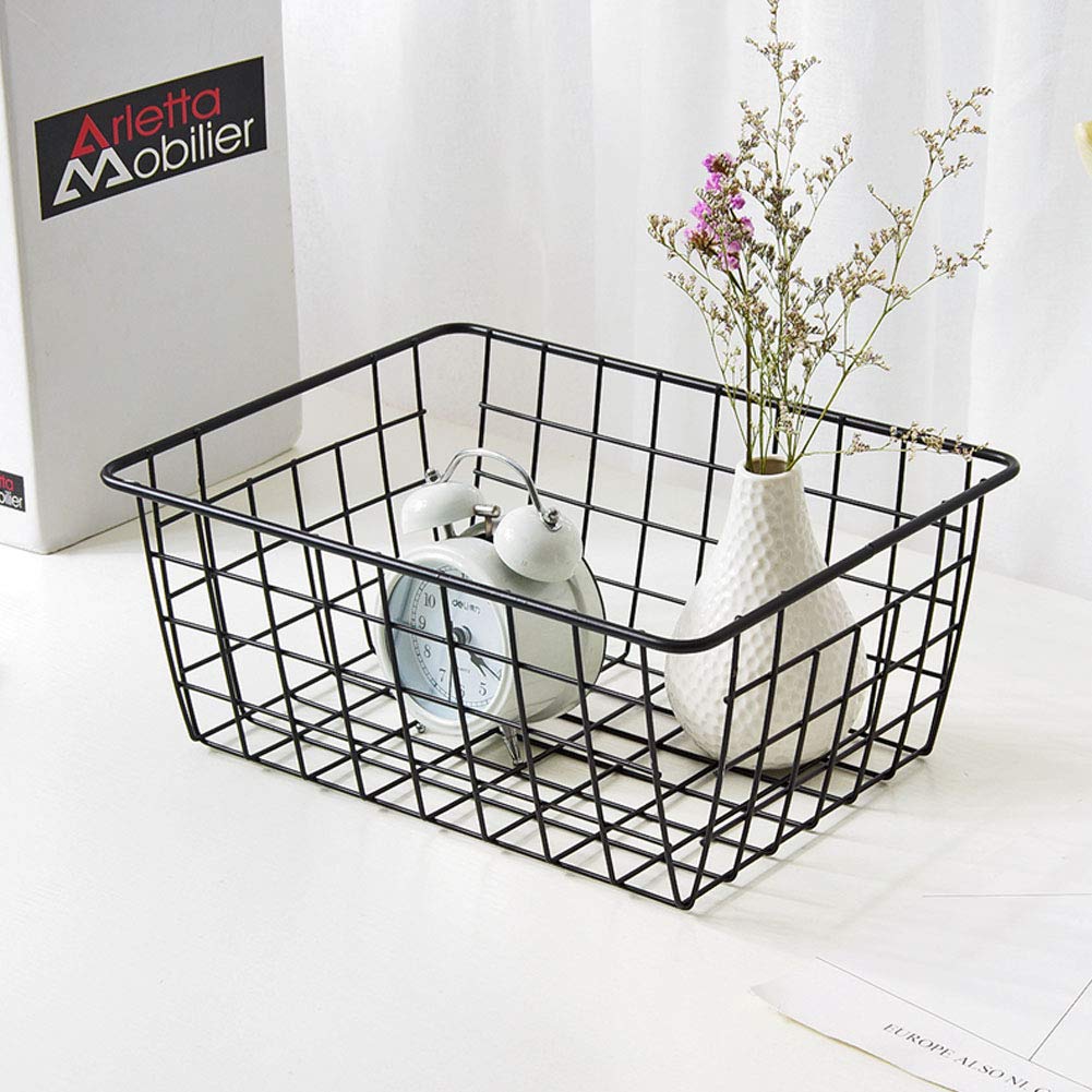 2-Pack Black Metal Wire Storage Baskets with Handles - Versatile Organizer for Kitchen Pantry, Home Office, Bathroom, Laundry Room & Bedroom Storage | Perfect for Organizing Food, Papers, Towels & Household Items