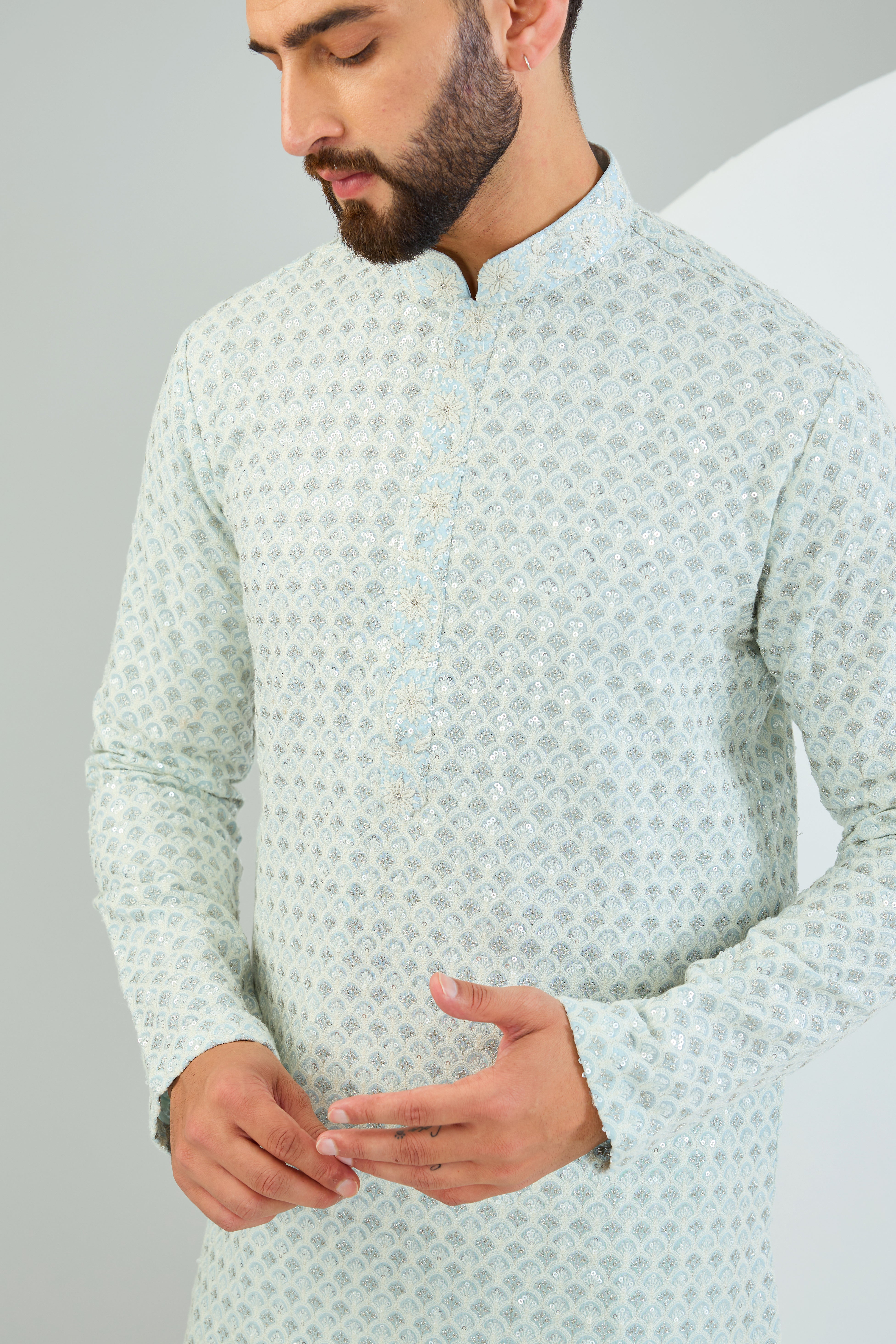 Elegant Powder Blue Chikankari Kurta with Heavy Sequin Embroidery & Intricate Neckline - Perfect for Festivals, Weddings & Ethnic Parties