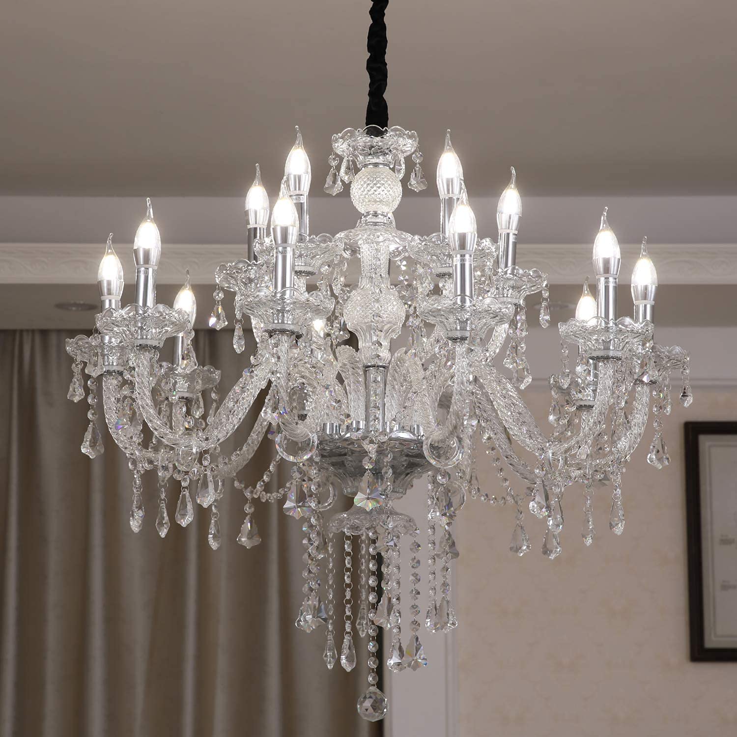 HOMWEERUN LED E12 Chandelier Ceiling Light Fixture - 3 Brightness Levels, Clear Crystal Candle Design, 15 Lights (32.2